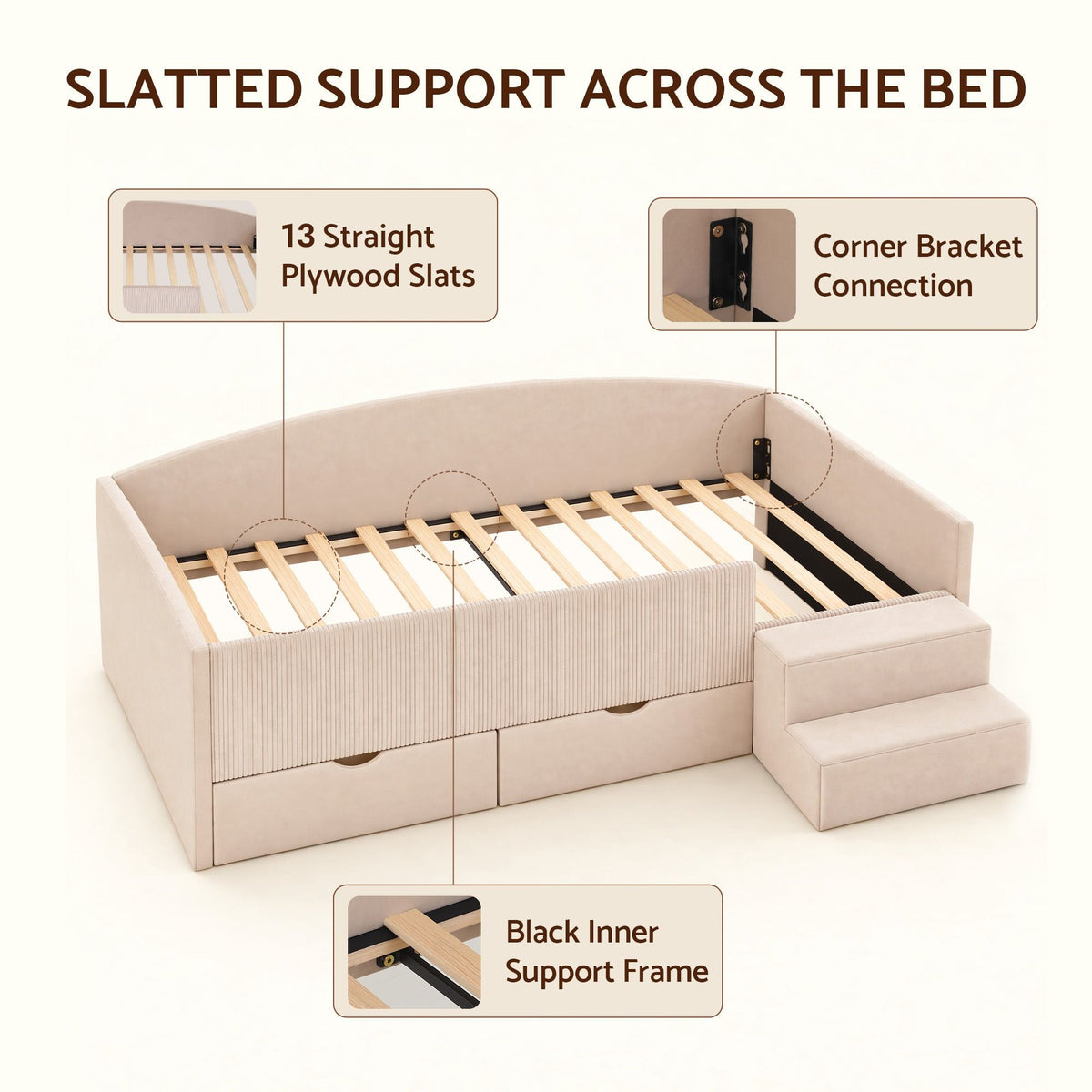 Single Upholstered Daybed with Side Stairs & Storage Drawers - Beige - Furniture > Bedroom > Beds & Bed Frames - Rivercity House & Home Co. (ABN 18 642 972 209) - Affordable Modern Furniture Australia