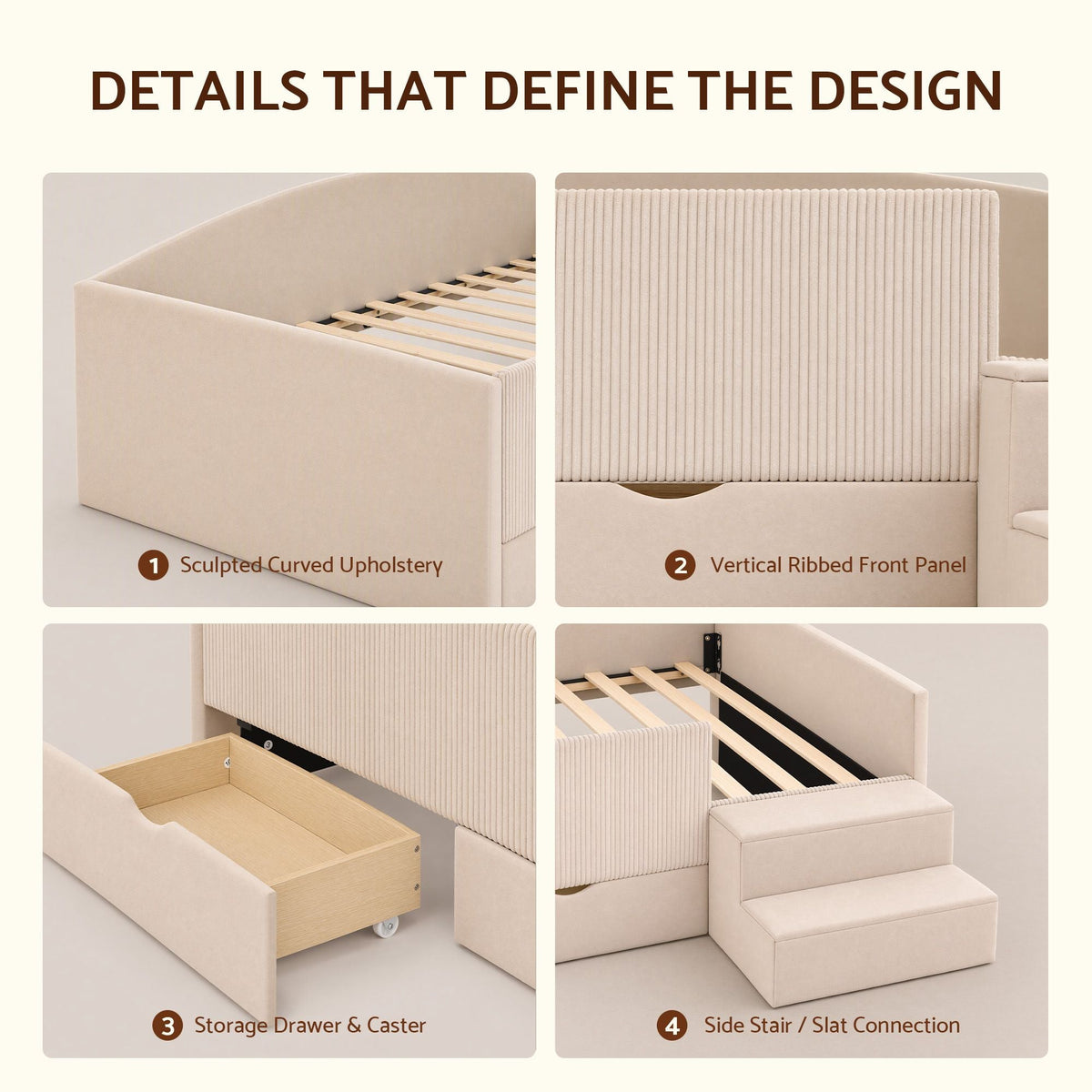 Single Upholstered Daybed with Side Stairs & Storage Drawers - Beige - Furniture > Bedroom > Beds & Bed Frames - Rivercity House & Home Co. (ABN 18 642 972 209) - Affordable Modern Furniture Australia