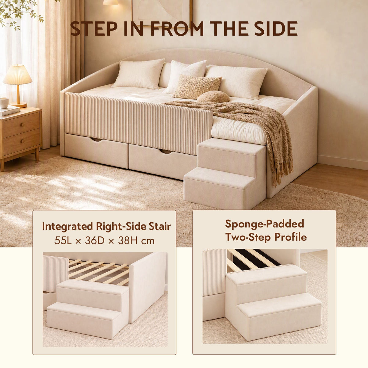 Single Upholstered Daybed with Side Stairs & Storage Drawers - Beige - Furniture > Bedroom > Beds & Bed Frames - Rivercity House & Home Co. (ABN 18 642 972 209) - Affordable Modern Furniture Australia