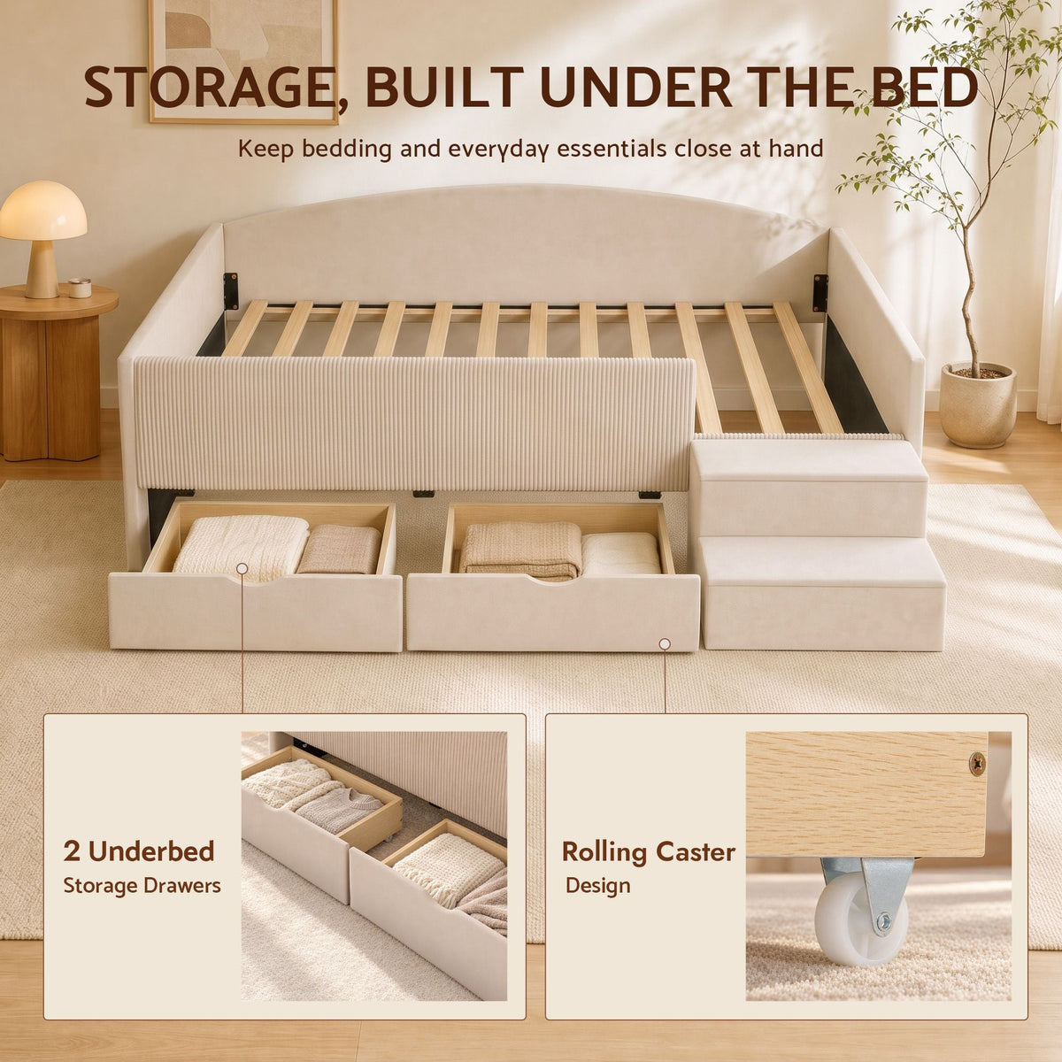 Single Upholstered Daybed with Side Stairs & Storage Drawers - Beige - Furniture > Bedroom > Beds & Bed Frames - Rivercity House & Home Co. (ABN 18 642 972 209) - Affordable Modern Furniture Australia
