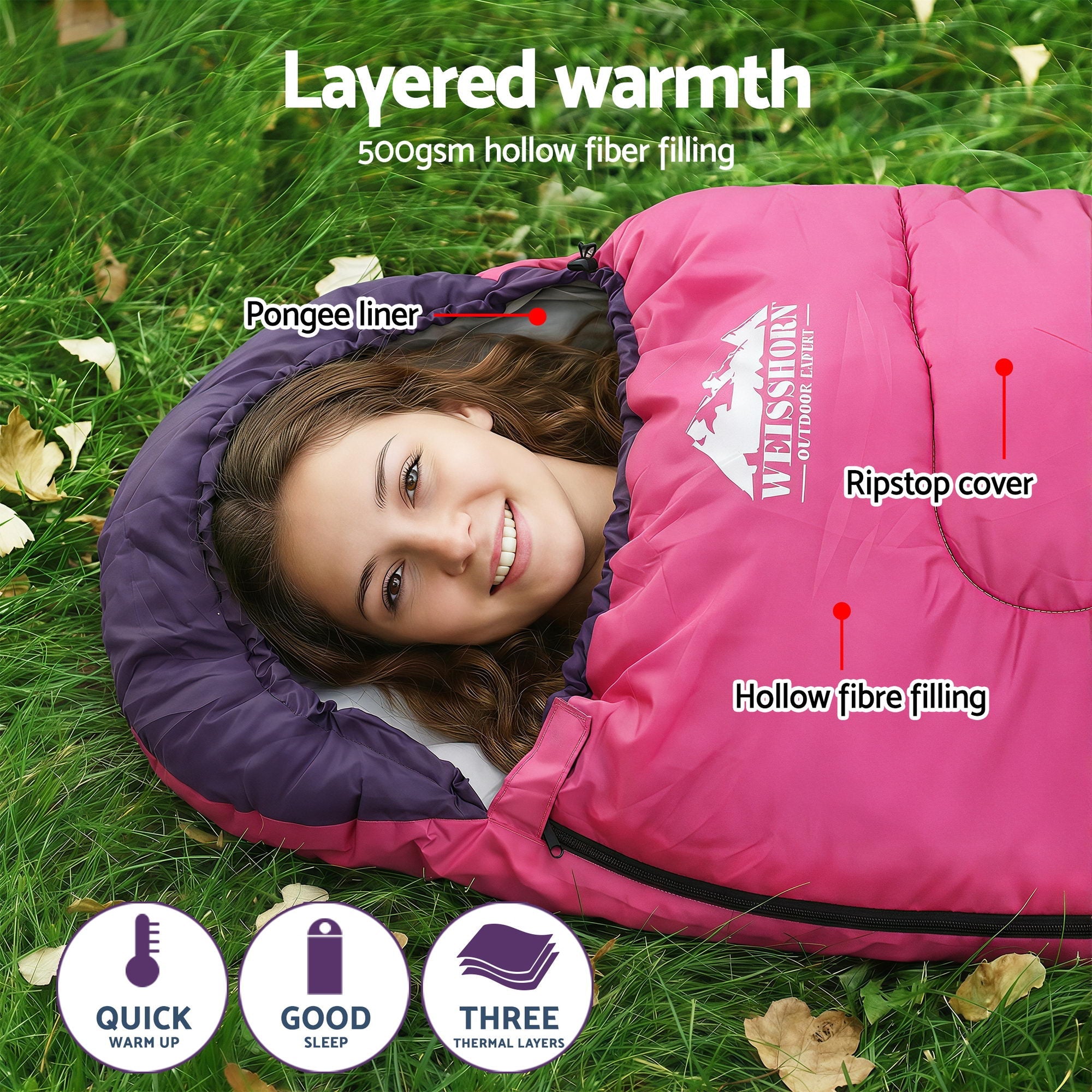 Sleeping Bag Single 213cm Thermal Camping Hiking Pink - Outdoor Recreation > Camping > Sleeping Bags - Rivercity House & Home Co. (ABN 18 642 972 209) - Affordable Modern Furniture Australia