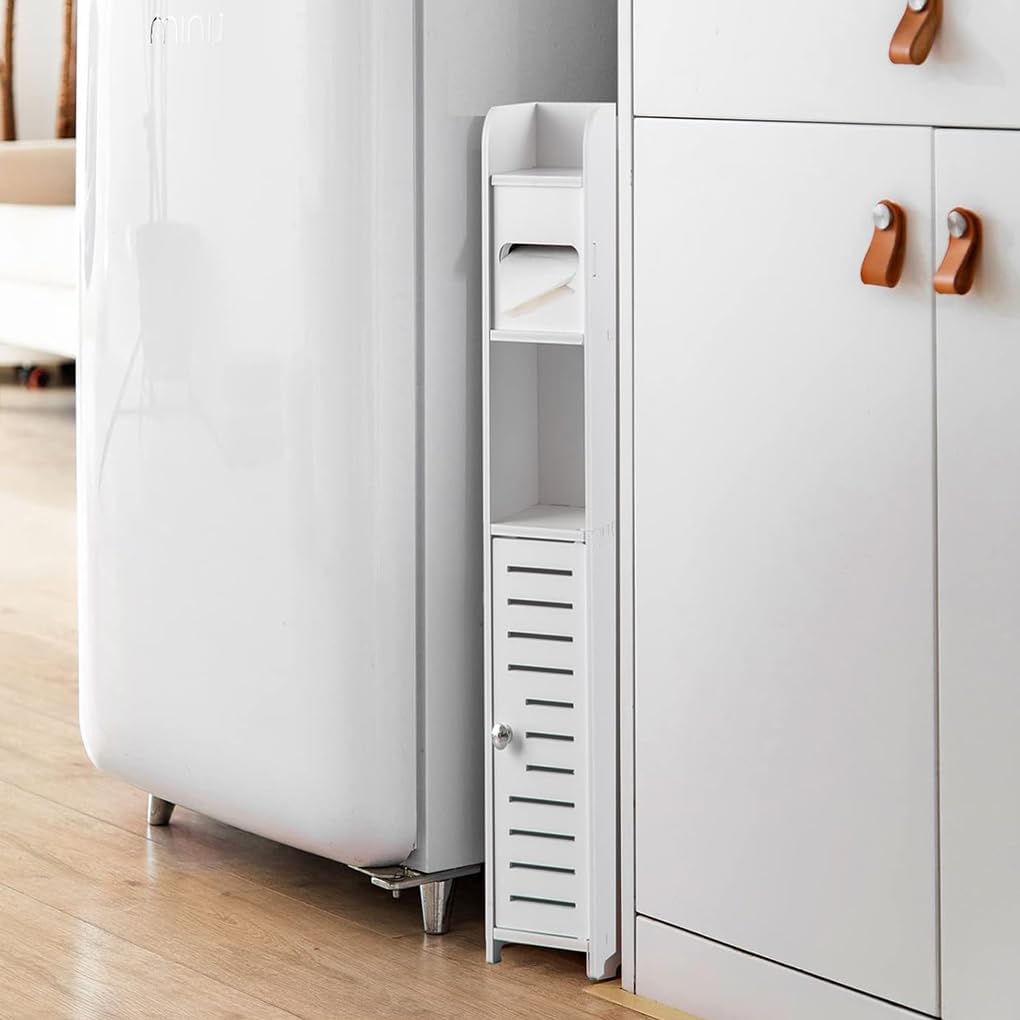 Slim Tall Bathroom Cabinet with Toilet Paper Holder for Toilet or Laundry Room - White - Home & Garden > Bathroom Accessories > Toilet Paper Holders - Rivercity House & Home Co. (ABN 18 642 972 209) - Affordable Modern Furniture Australia