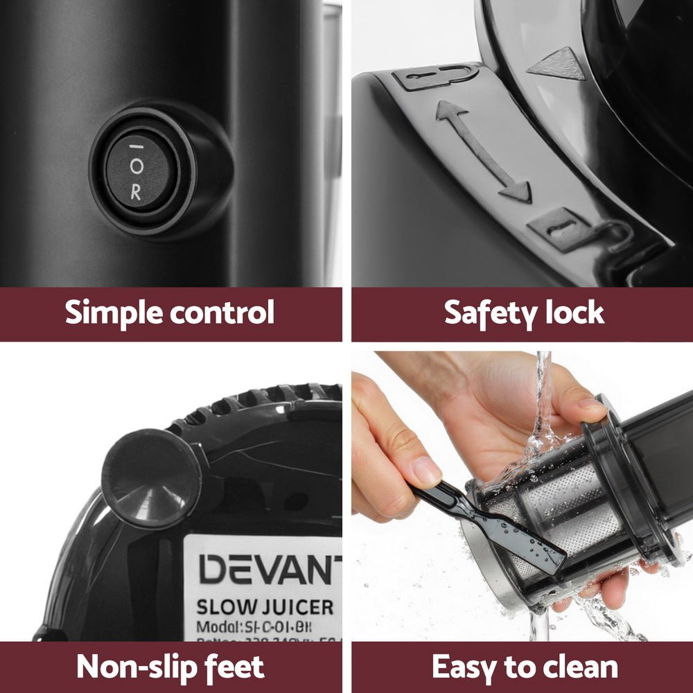 Slow Juicer Cold Press Fruit Juice Extractor 130W Black - Appliances > Kitchen Appliances - Rivercity House & Home Co. (ABN 18 642 972 209) - Affordable Modern Furniture Australia