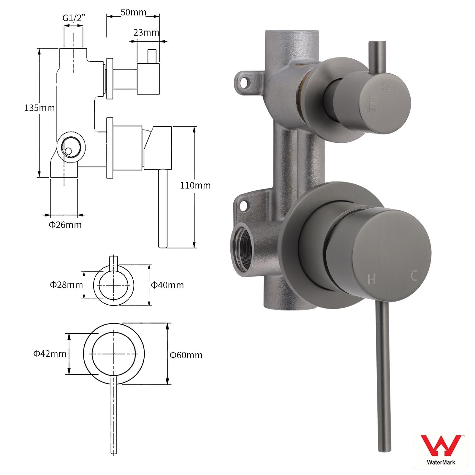 Small Face Gun Metal Gray Round Shower Mixer 2 Way Switch Diverter For Combo Set - Furniture > Bathroom > Shower Heads & Screens - Rivercity House & Home Co. (ABN 18 642 972 209) - Affordable Modern Furniture Australia