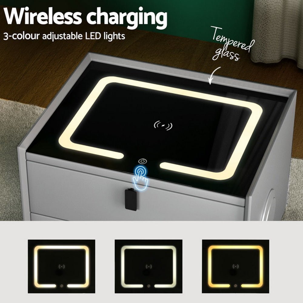 Smart Bedside Table with Wireless Charging - AIKA Grey - Furniture > Bedroom > Bedside Tables - Rivercity House & Home Co. (ABN 18 642 972 209) - Affordable Modern Furniture Australia