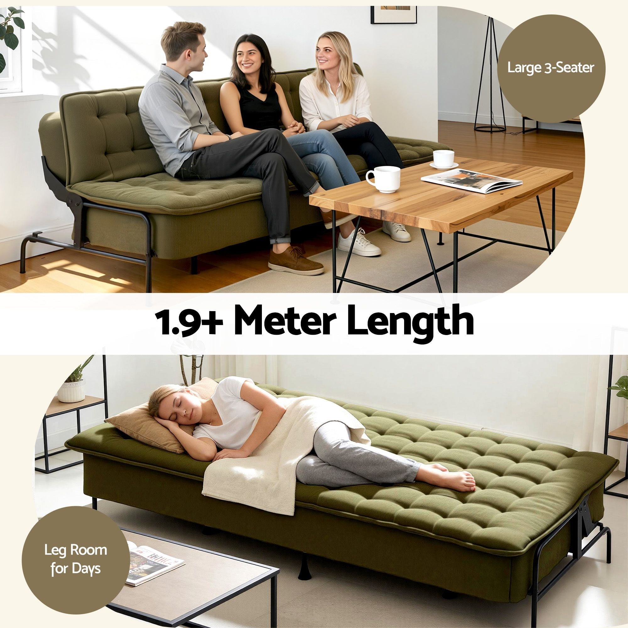 Sofa Bed, 1.9m 3 - Seater Soft Innerspring Adjustable Couch Futon Chair for Apartment Dorm Living Room Office Study Bedroom, Green - Furniture > Sofas > Sofas & Sofa Beds - Rivercity House & Home Co. (ABN 18 642 972 209) - Affordable Modern Furniture Australia