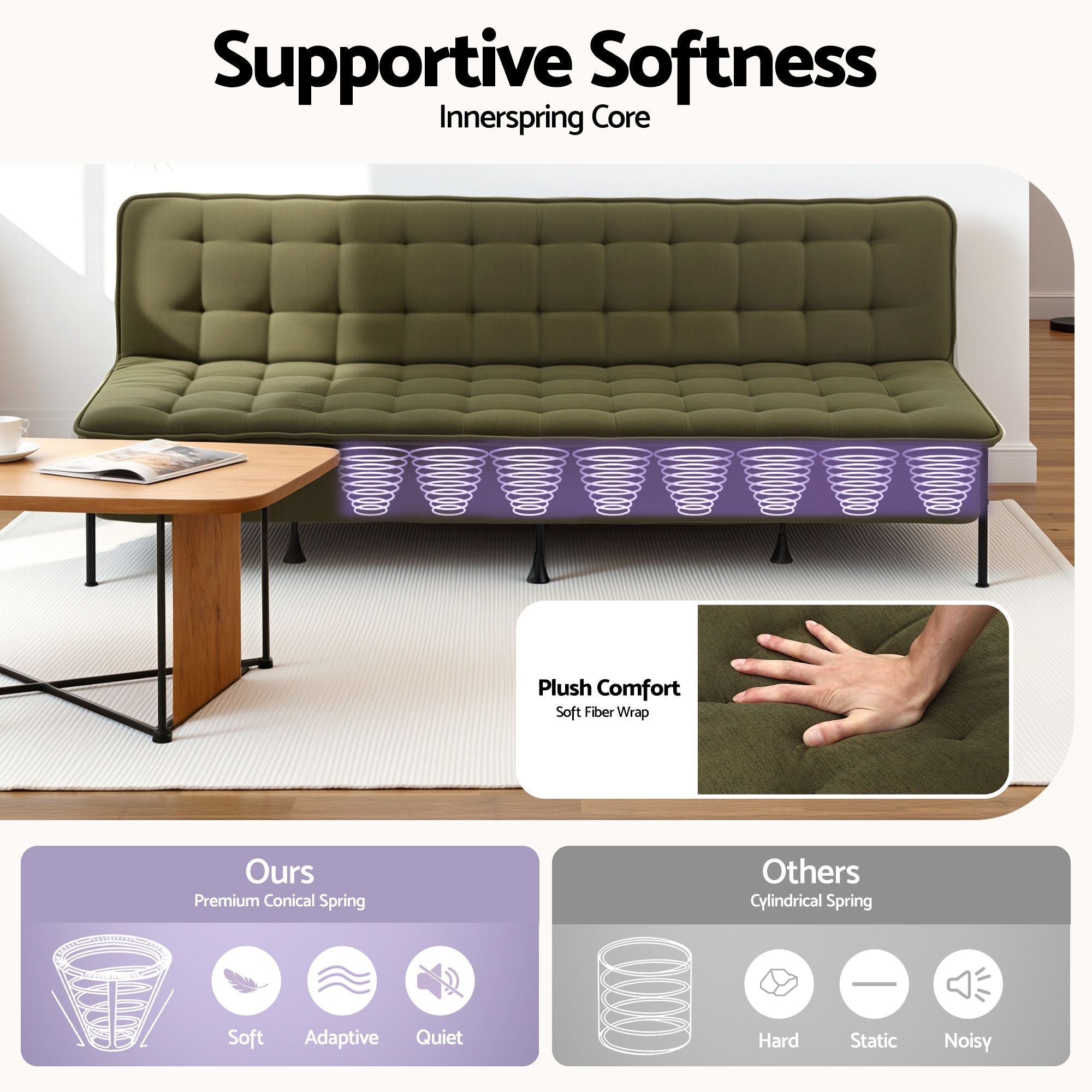 Sofa Bed, 1.9m 3 - Seater Soft Innerspring Adjustable Couch Futon Chair for Apartment Dorm Living Room Office Study Bedroom, Green - Furniture > Sofas > Sofas & Sofa Beds - Rivercity House & Home Co. (ABN 18 642 972 209) - Affordable Modern Furniture Australia