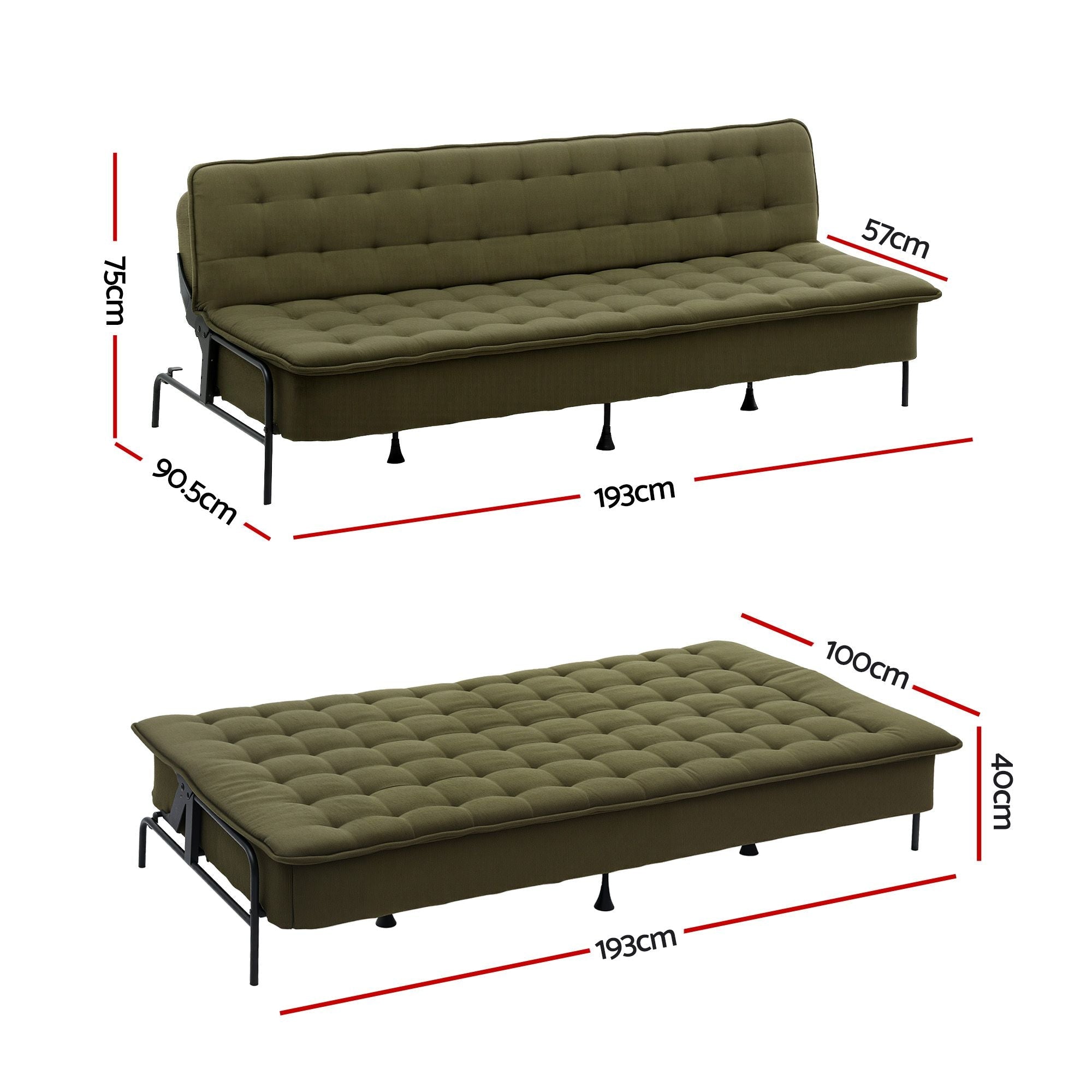 Sofa Bed, 1.9m 3 - Seater Soft Innerspring Adjustable Couch Futon Chair for Apartment Dorm Living Room Office Study Bedroom, Green - Furniture > Sofas > Sofas & Sofa Beds - Rivercity House & Home Co. (ABN 18 642 972 209) - Affordable Modern Furniture Australia