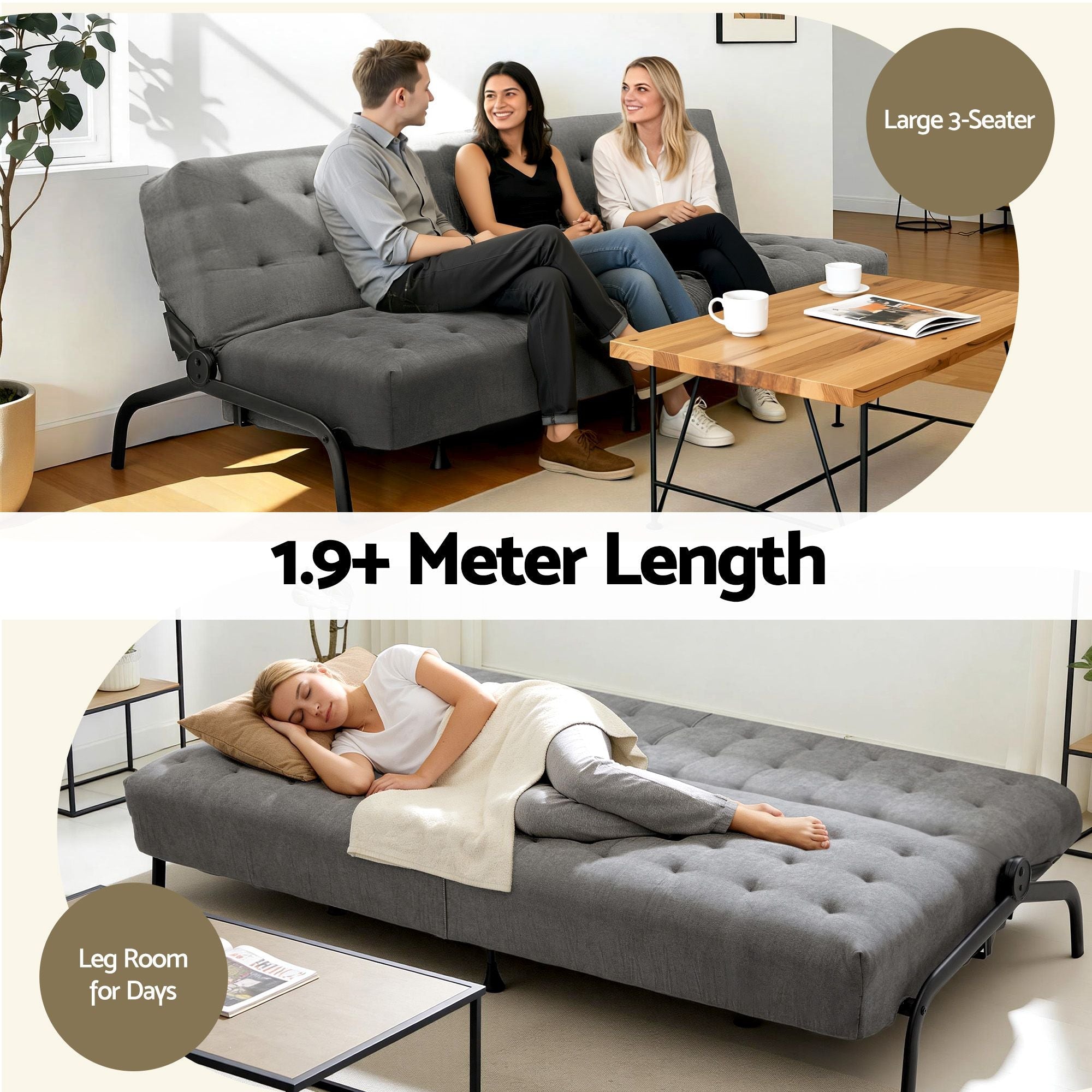 Sofa Bed, 1.9m 3 - Seater Soft Innerspring Adjustable Couch Futon Chair for Apartment Dorm Living Room Office Study Bedroom, Grey - Furniture > Sofas > Sofas & Sofa Beds - Rivercity House & Home Co. (ABN 18 642 972 209) - Affordable Modern Furniture Australia