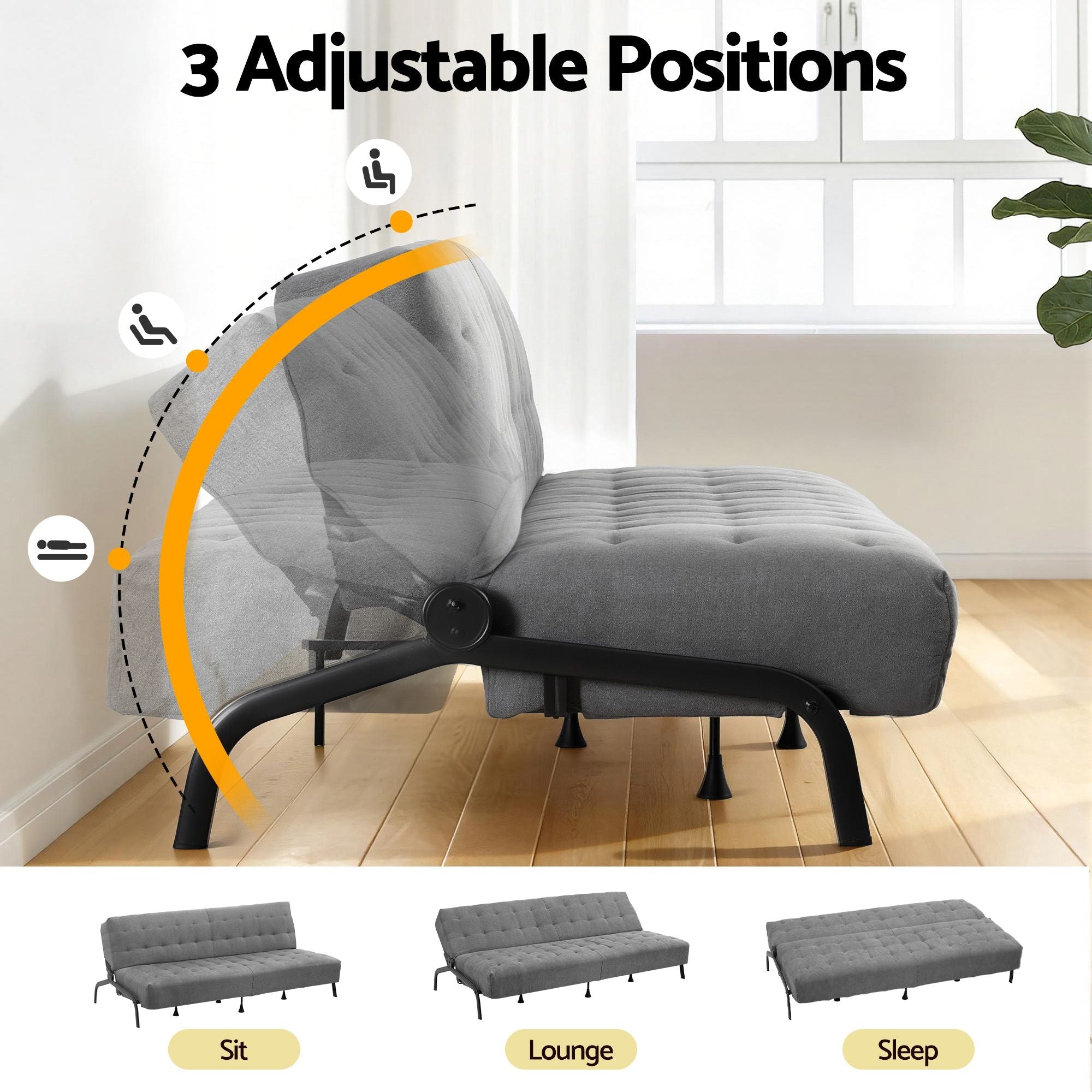 Sofa Bed, 1.9m 3 - Seater Soft Innerspring Adjustable Couch Futon Chair for Apartment Dorm Living Room Office Study Bedroom, Grey - Furniture > Sofas > Sofas & Sofa Beds - Rivercity House & Home Co. (ABN 18 642 972 209) - Affordable Modern Furniture Australia