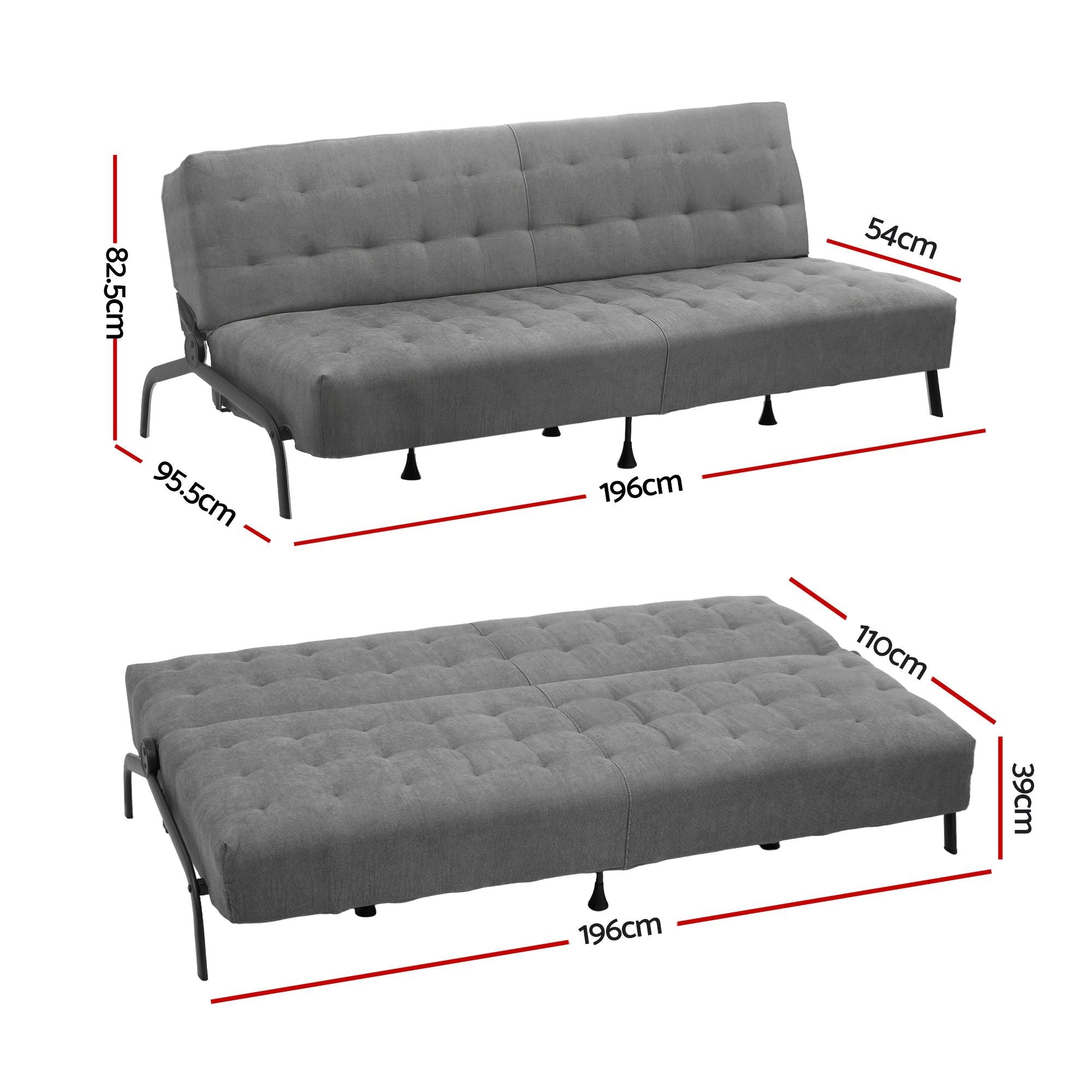 Sofa Bed, 1.9m 3 - Seater Soft Innerspring Adjustable Couch Futon Chair for Apartment Dorm Living Room Office Study Bedroom, Grey - Furniture > Sofas > Sofas & Sofa Beds - Rivercity House & Home Co. (ABN 18 642 972 209) - Affordable Modern Furniture Australia