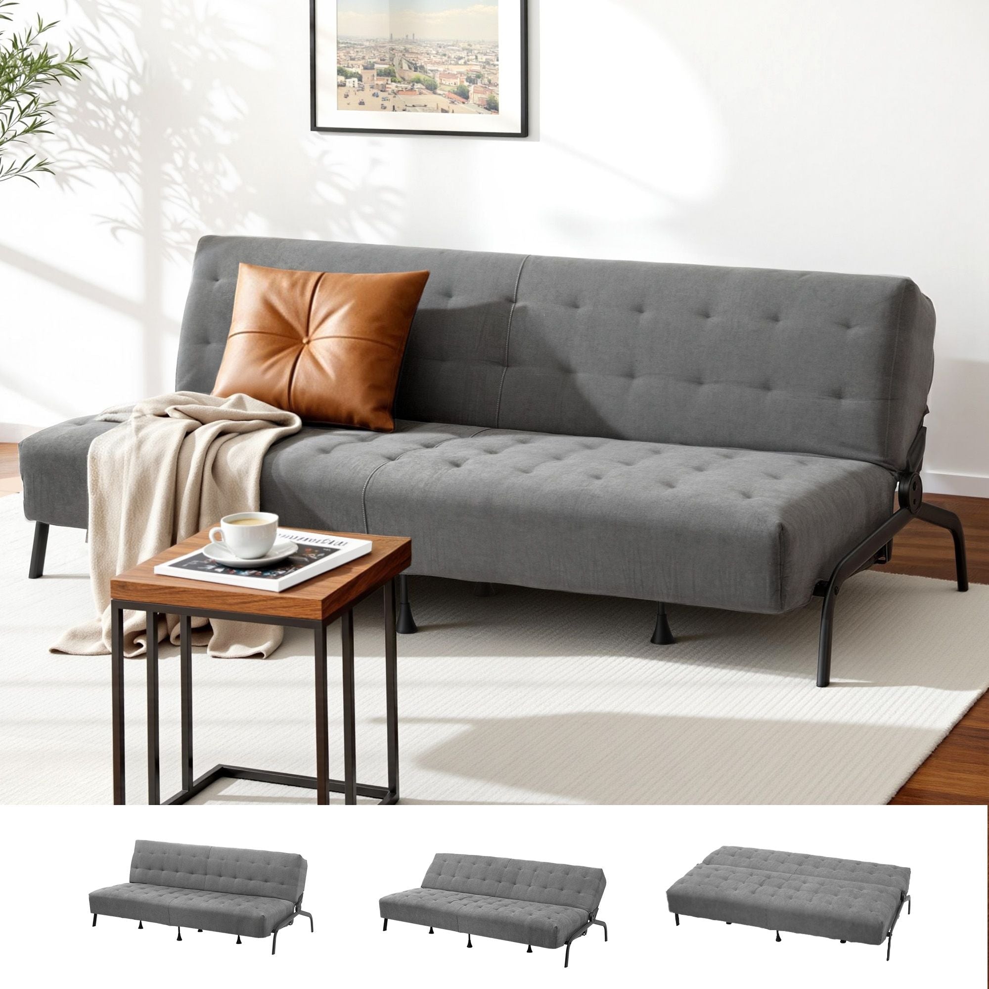 Sofa Bed, 1.9m 3 - Seater Soft Innerspring Adjustable Couch Futon Chair for Apartment Dorm Living Room Office Study Bedroom, Grey - Furniture > Sofas > Sofas & Sofa Beds - Rivercity House & Home Co. (ABN 18 642 972 209) - Affordable Modern Furniture Australia