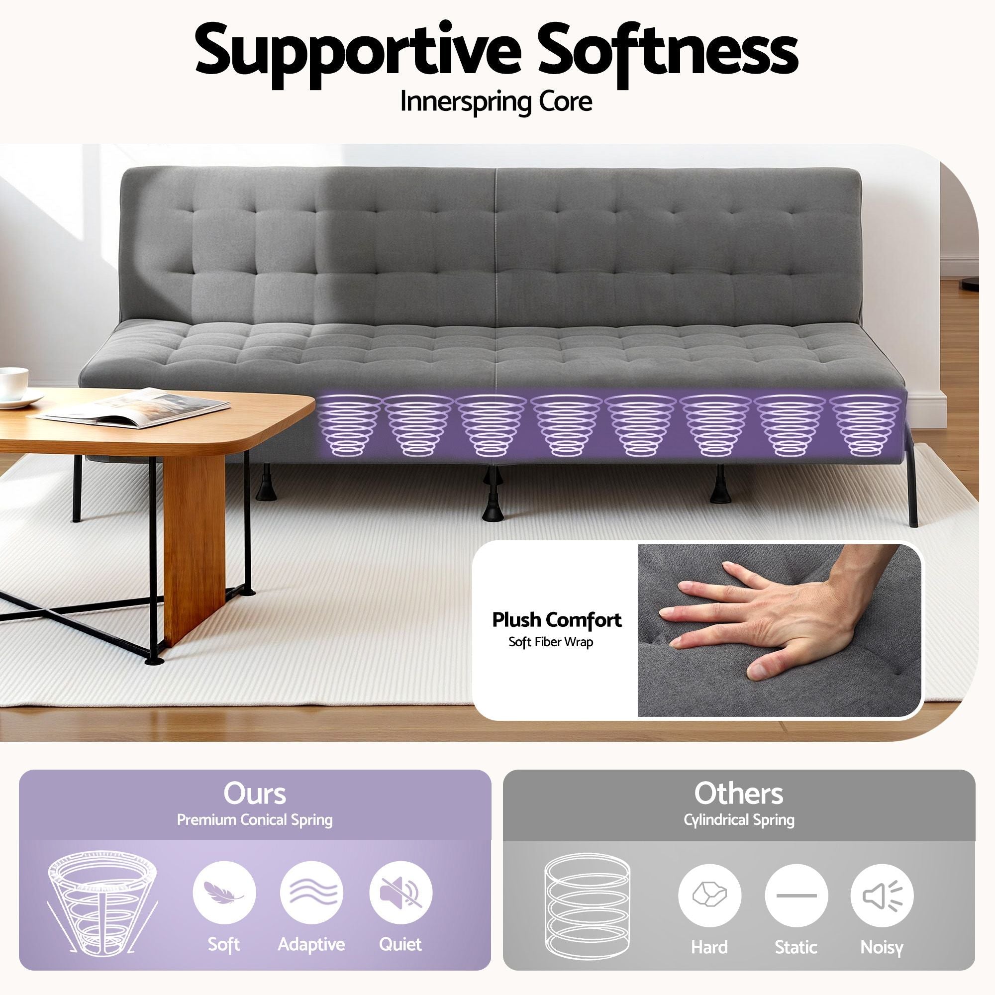 Sofa Bed, 1.9m 3 - Seater Soft Innerspring Adjustable Couch Futon Chair for Apartment Dorm Living Room Office Study Bedroom, Grey - Furniture > Sofas > Sofas & Sofa Beds - Rivercity House & Home Co. (ABN 18 642 972 209) - Affordable Modern Furniture Australia