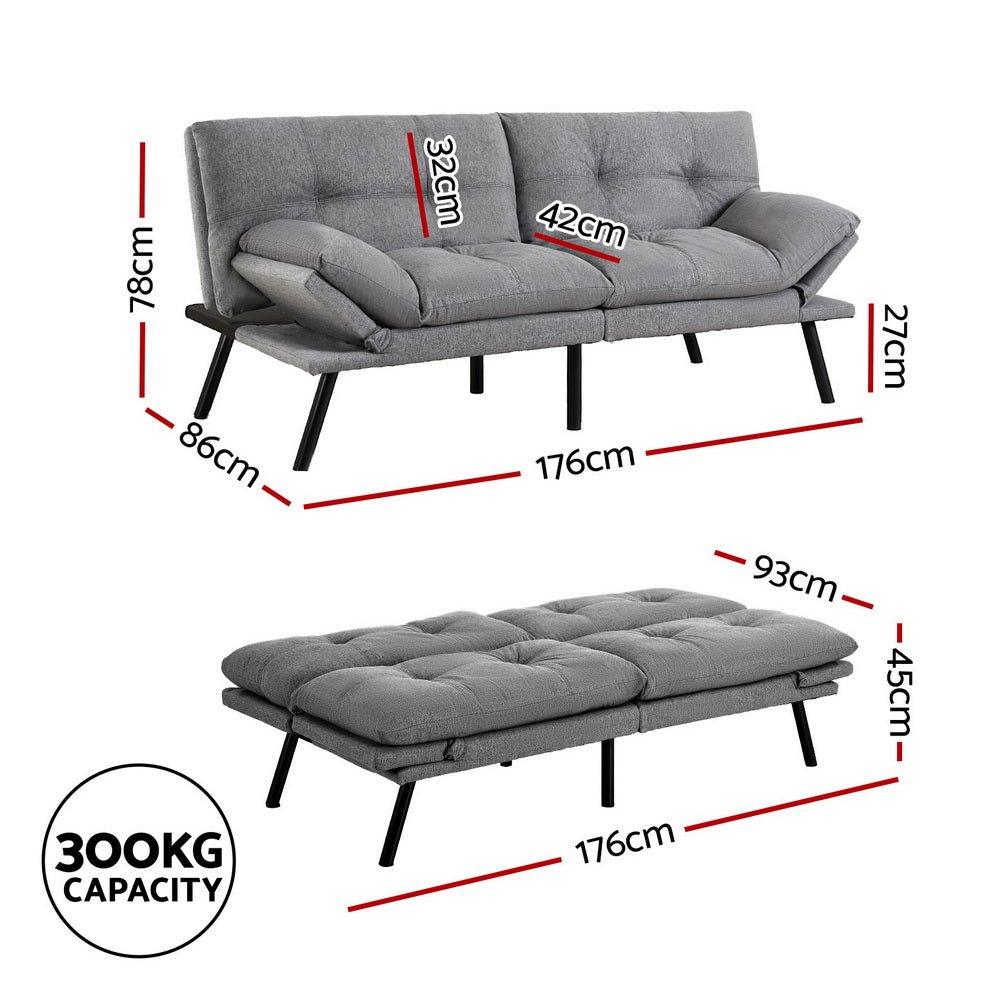 Sofa Bed Convertible 3 Seater Couch Recliner Lounge Chair Fabric Grey - Furniture > Sofas > Sofas & Sofa Beds - Rivercity House & Home Co. (ABN 18 642 972 209) - Affordable Modern Furniture Australia