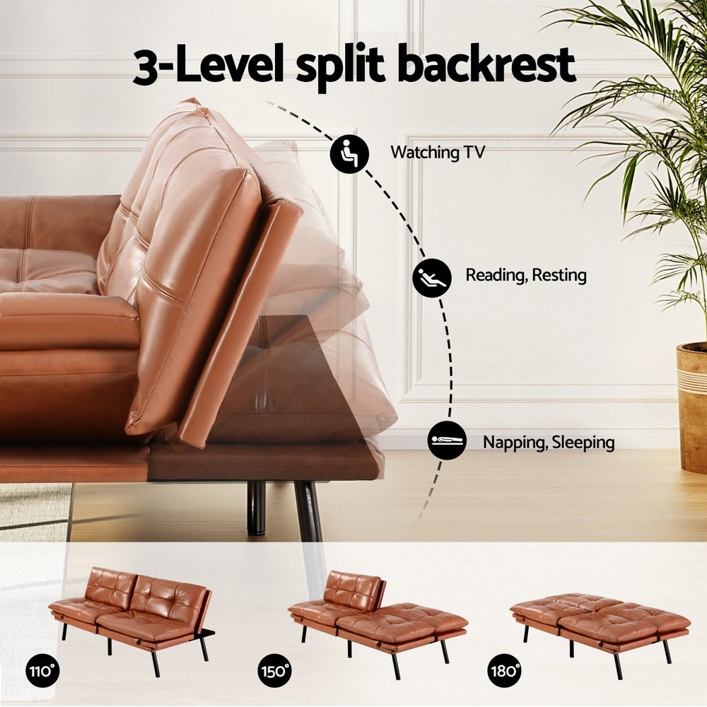 Sofa Bed Convertible 3 Seater Couch Recliner Lounge Chair Leather Brown - Furniture > Sofas > Sofas & Sofa Beds - Rivercity House & Home Co. (ABN 18 642 972 209) - Affordable Modern Furniture Australia