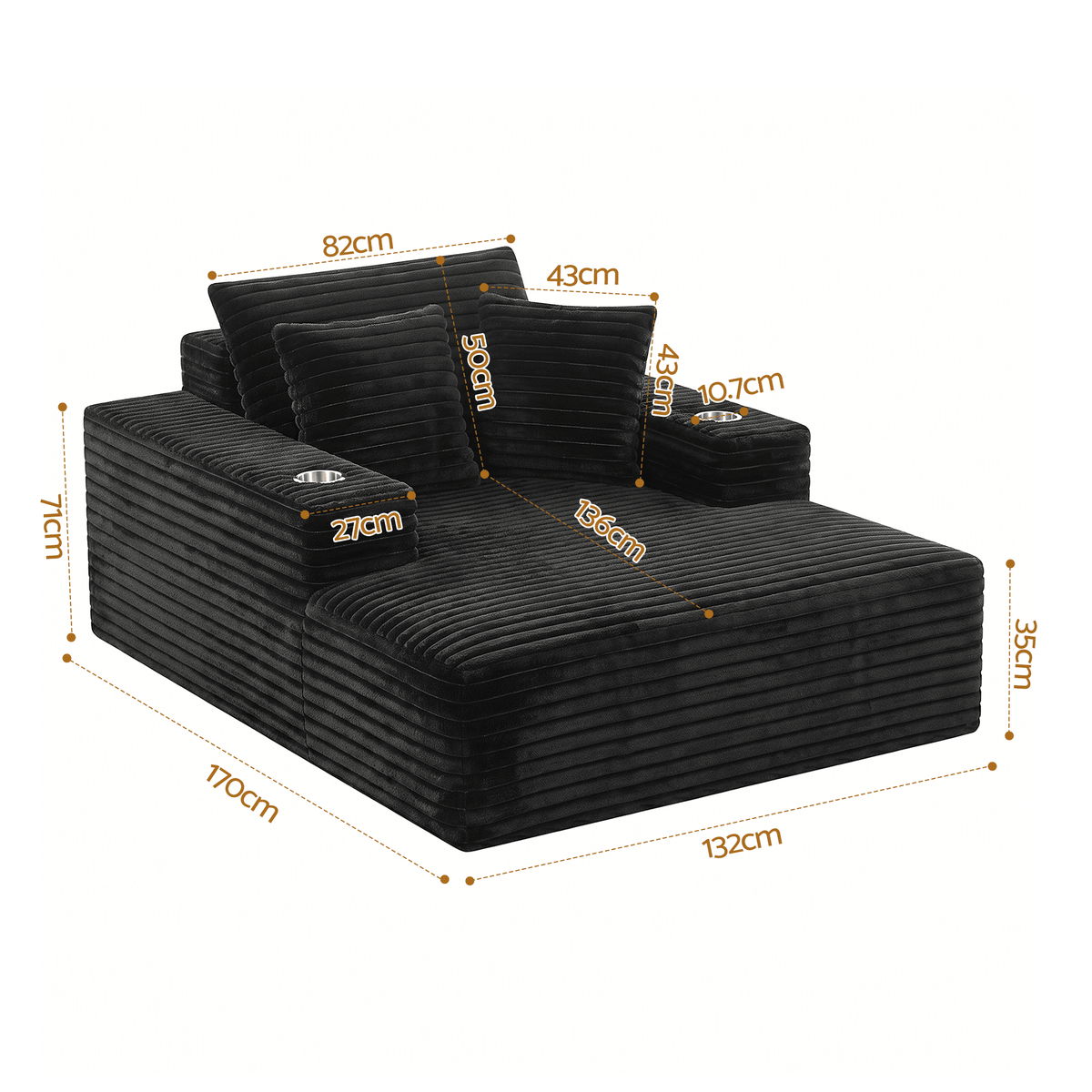 Sofa Bed Lounge Chair Single Seater with Chaise and Cup Holders - Black Faux Fur - Furniture > Sofas > Sofas & Sofa Beds - Rivercity House & Home Co. (ABN 18 642 972 209) - Affordable Modern Furniture Australia