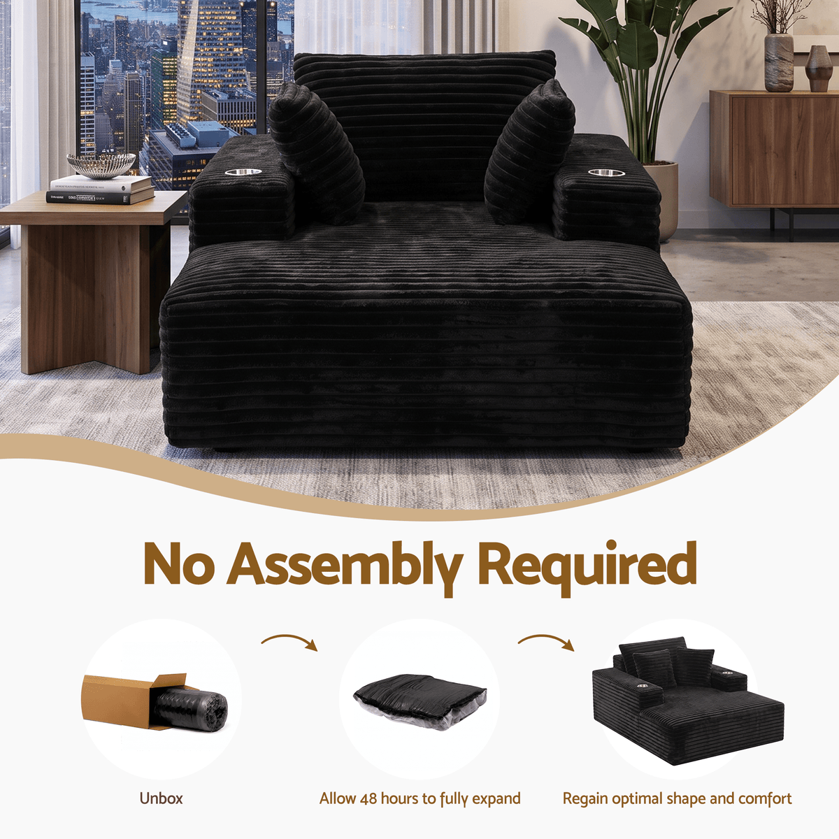 Sofa Bed Lounge Chair Single Seater with Chaise and Cup Holders - Black Faux Fur - Furniture > Sofas > Sofas & Sofa Beds - Rivercity House & Home Co. (ABN 18 642 972 209) - Affordable Modern Furniture Australia