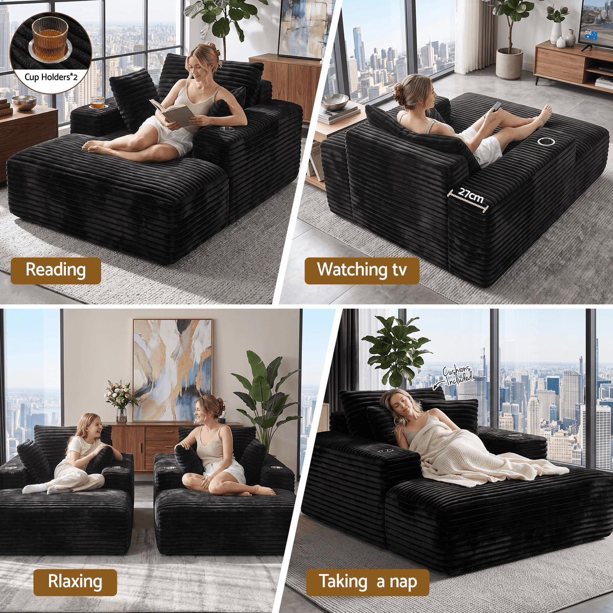 Sofa Bed Lounge Chair Single Seater with Chaise and Cup Holders - Black Faux Fur - Furniture > Sofas > Sofas & Sofa Beds - Rivercity House & Home Co. (ABN 18 642 972 209) - Affordable Modern Furniture Australia