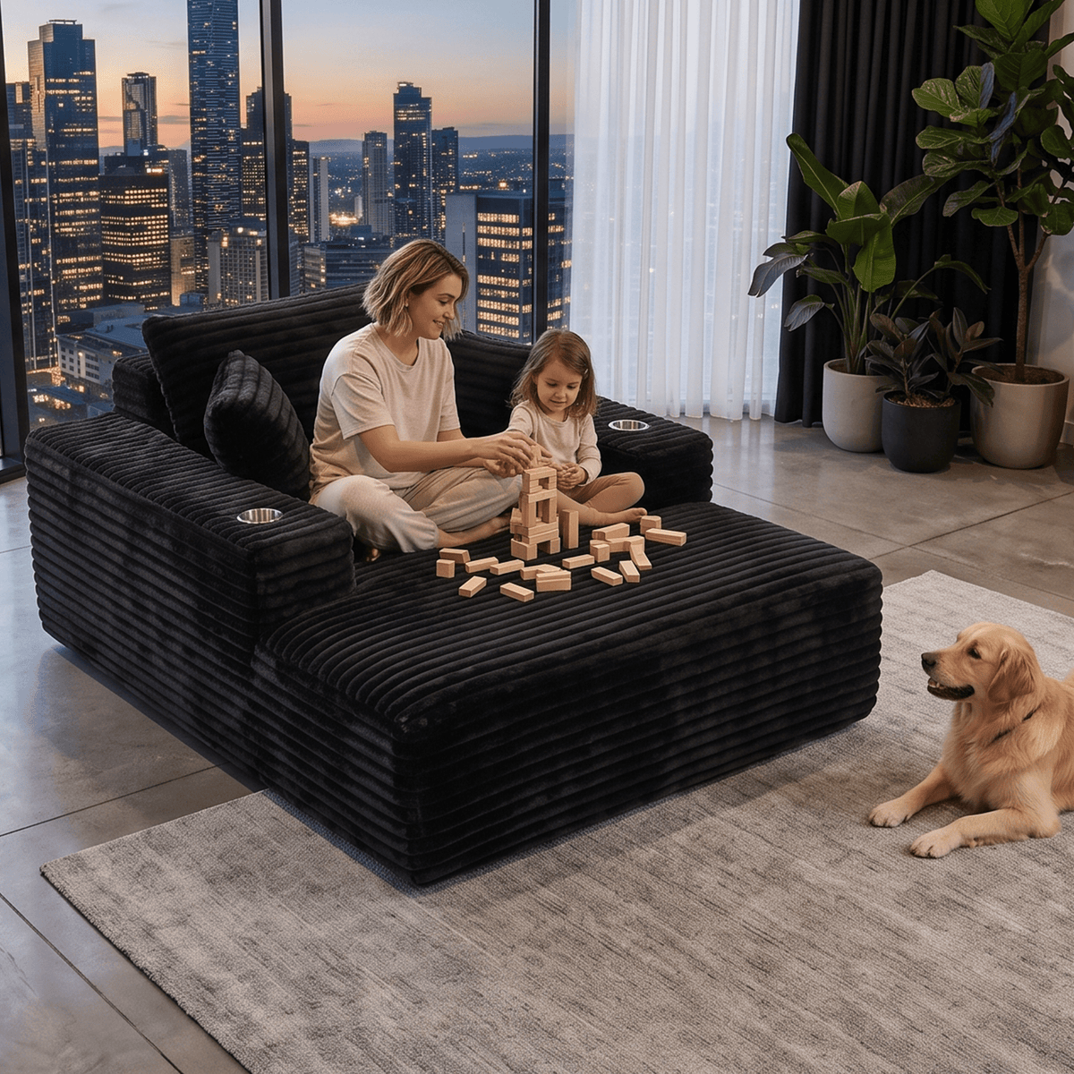 Sofa Bed Lounge Chair Single Seater with Chaise and Cup Holders - Black Faux Fur - Furniture > Sofas > Sofas & Sofa Beds - Rivercity House & Home Co. (ABN 18 642 972 209) - Affordable Modern Furniture Australia