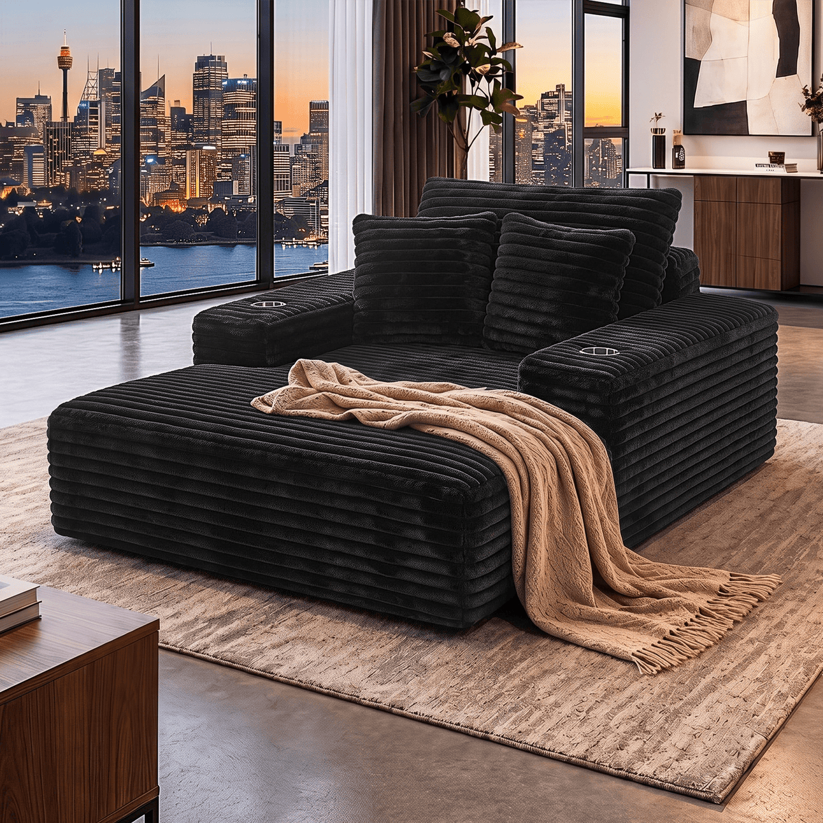 Sofa Bed Lounge Chair Single Seater with Chaise and Cup Holders - Black Faux Fur - Furniture > Sofas > Sofas & Sofa Beds - Rivercity House & Home Co. (ABN 18 642 972 209) - Affordable Modern Furniture Australia