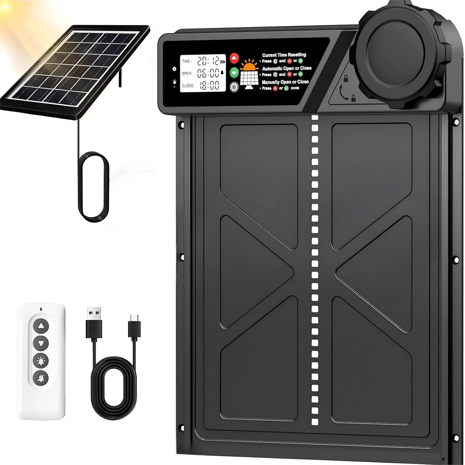 Solar Automatic Chicken Coop Door with Timer, Light Sensor, Remote & USB Charging - Black - Pet Care > Coops & Hutches > Coop & Hutch Accessories - Rivercity House & Home Co. (ABN 18 642 972 209) - Affordable Modern Furniture Australia