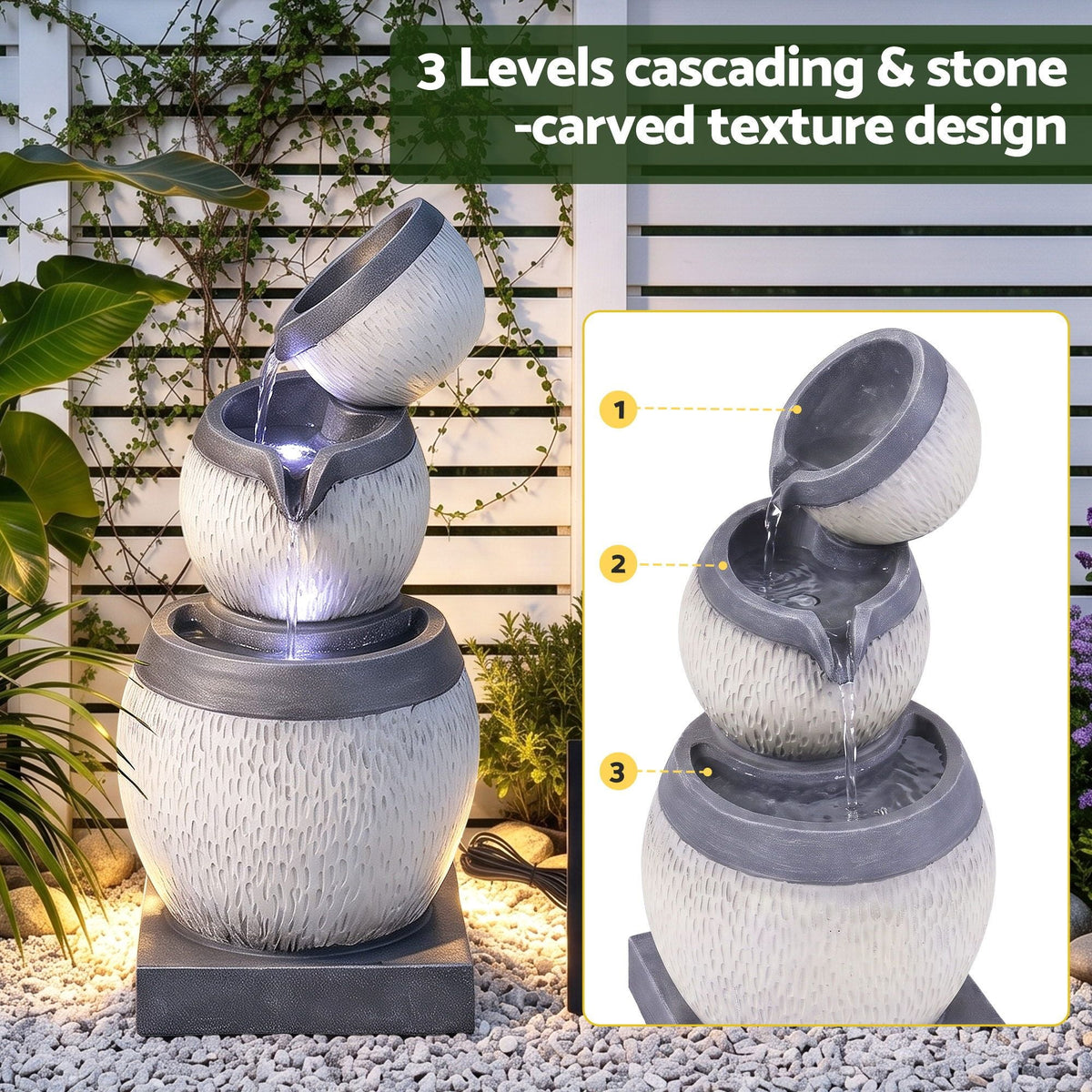 Solar Fountain 3-Level Cascading Bowl Water Feature 52cm - Grey - Home & Garden > Fountains > Fountains & Ponds - Rivercity House & Home Co. (ABN 18 642 972 209) - Affordable Modern Furniture Australia