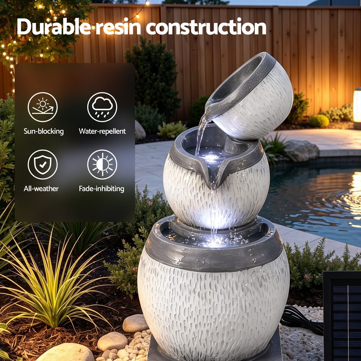 Solar Fountain 3-Level Cascading Bowl Water Feature 52cm - Grey - Home & Garden > Fountains > Fountains & Ponds - Rivercity House & Home Co. (ABN 18 642 972 209) - Affordable Modern Furniture Australia