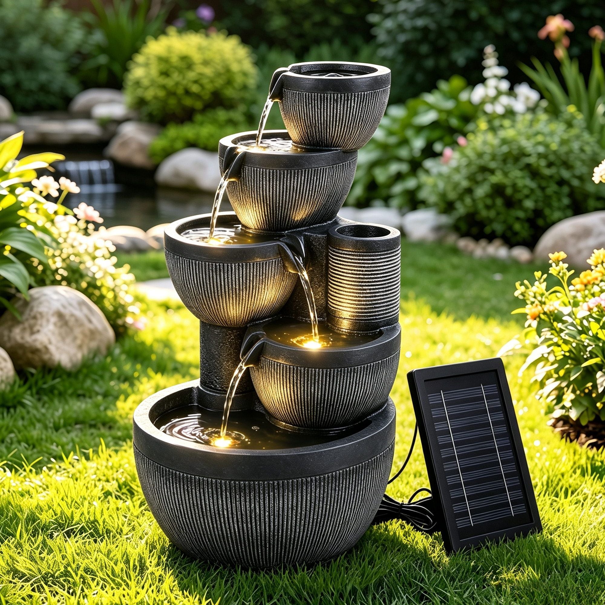 Solar Fountain Water Feature 5-Tier Cascading Bowl Grey 51cm - Home & Garden > Fountains > Fountains & Ponds - Rivercity House & Home Co. (ABN 18 642 972 209) - Affordable Modern Furniture Australia
