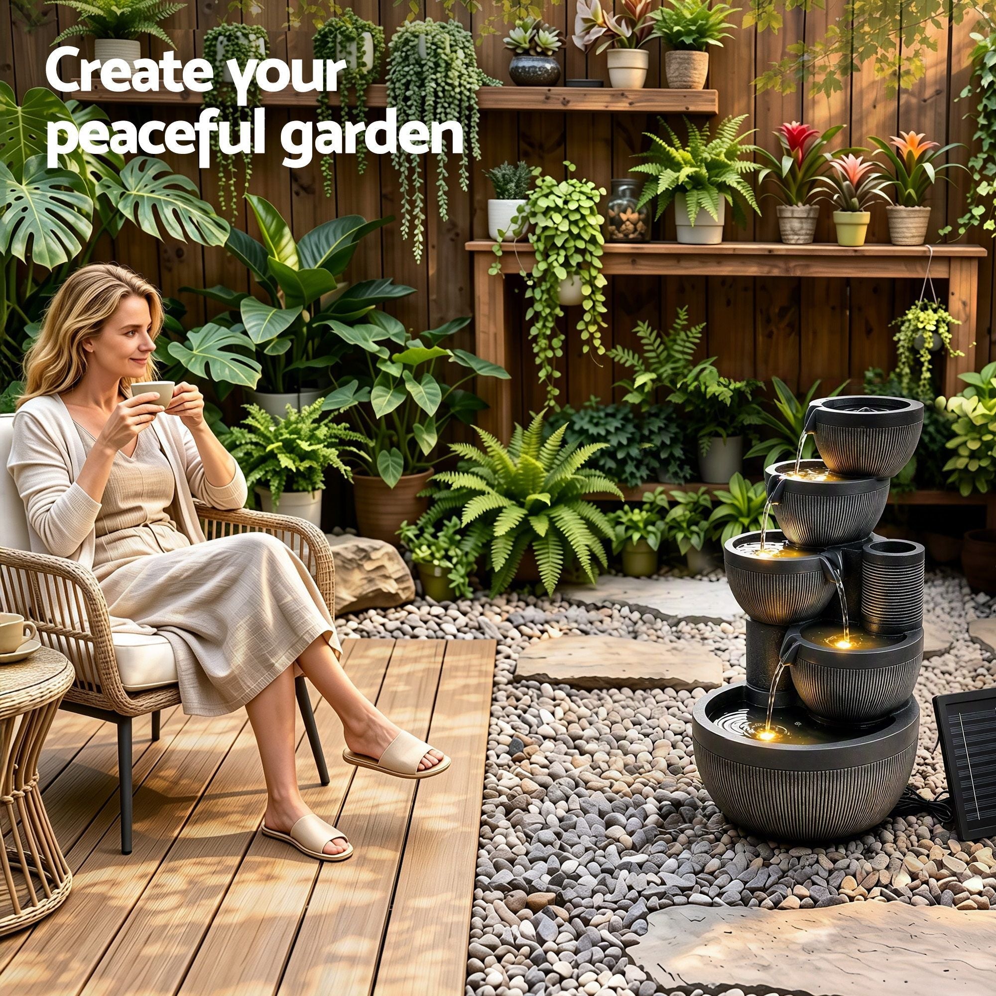 Solar Fountain Water Feature 5-Tier Cascading Bowl Grey 51cm - Home & Garden > Fountains > Fountains & Ponds - Rivercity House & Home Co. (ABN 18 642 972 209) - Affordable Modern Furniture Australia