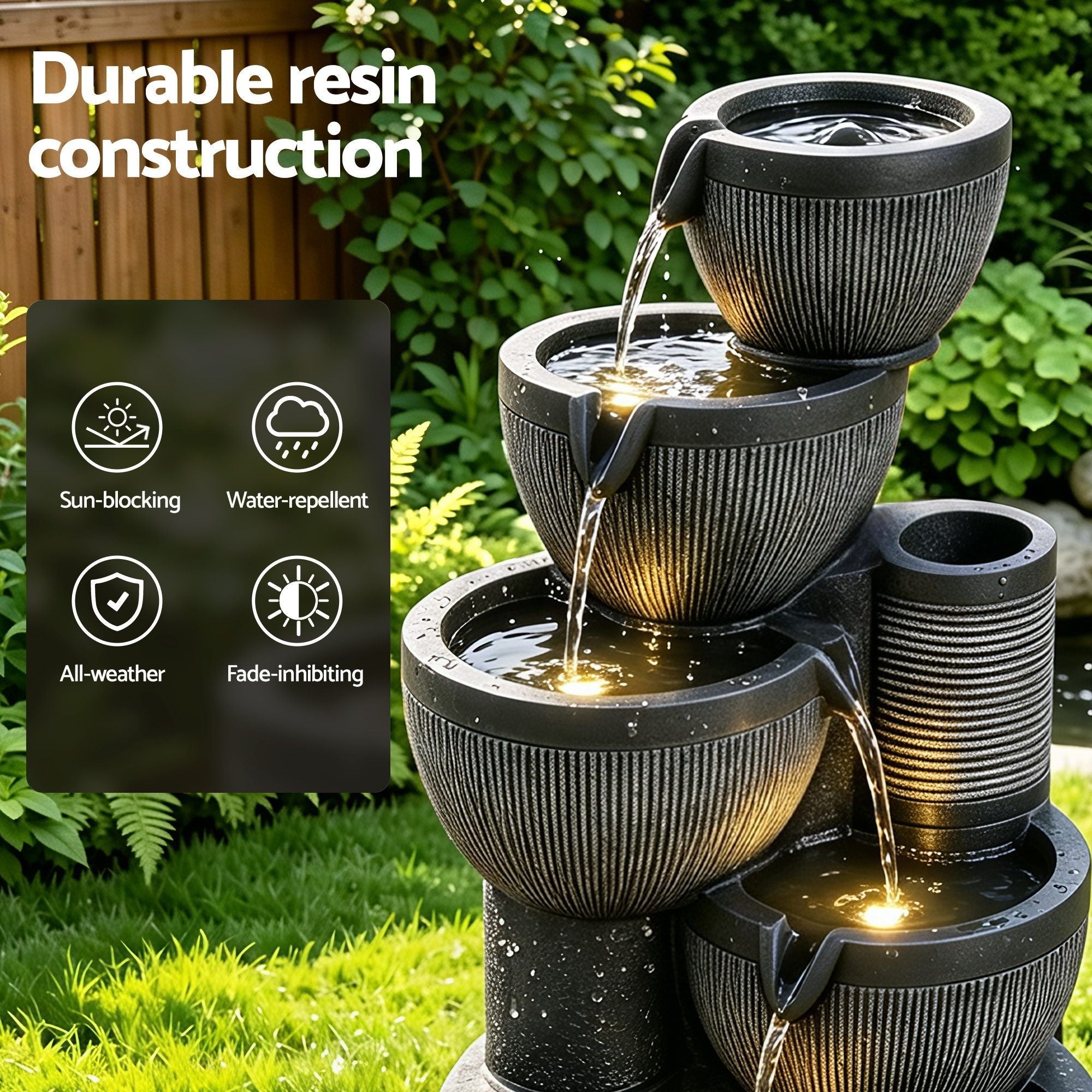 Solar Fountain Water Feature 5-Tier Cascading Bowl Grey 51cm - Home & Garden > Fountains > Fountains & Ponds - Rivercity House & Home Co. (ABN 18 642 972 209) - Affordable Modern Furniture Australia