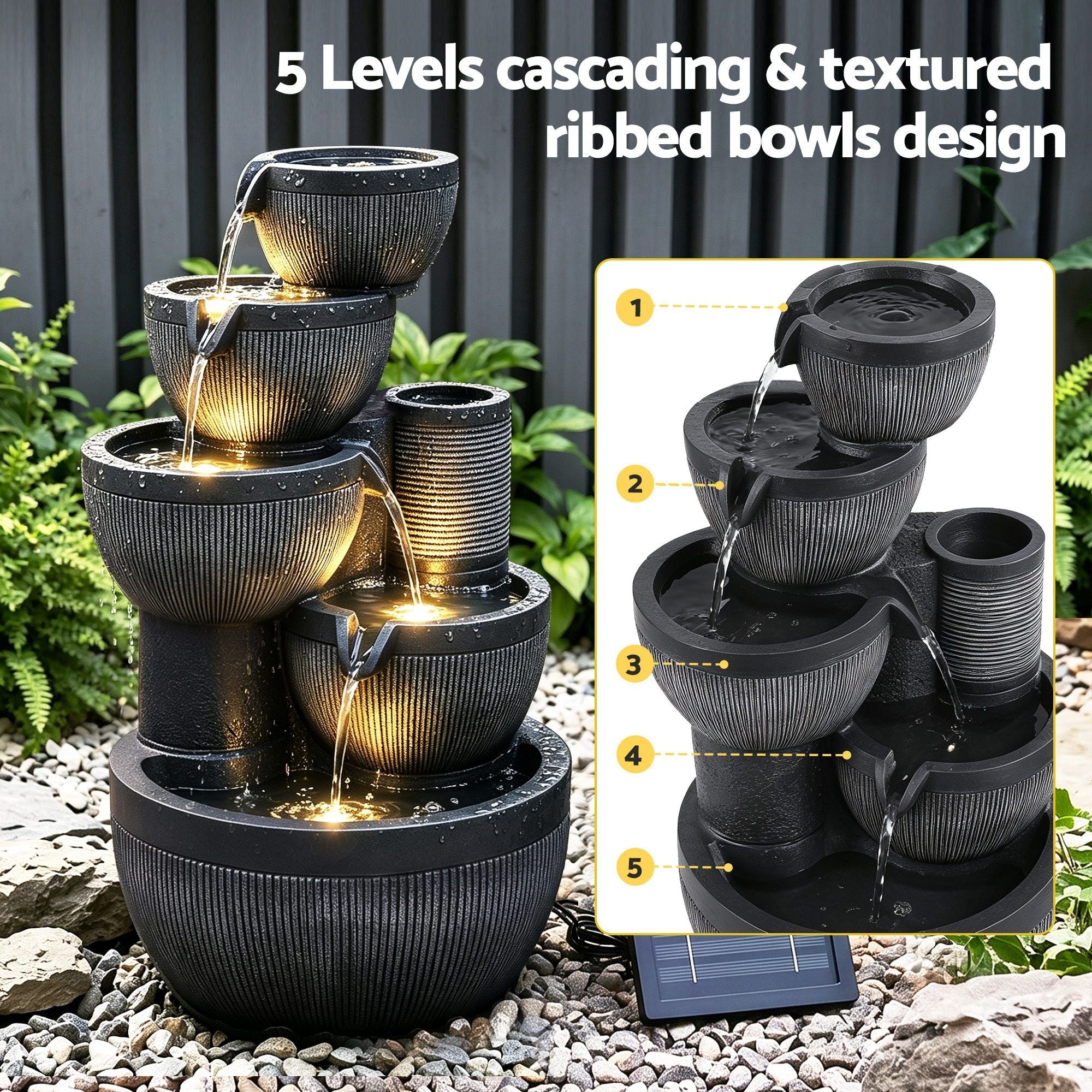 Solar Fountain Water Feature 5-Tier Cascading Bowl Grey 51cm - Home & Garden > Fountains > Fountains & Ponds - Rivercity House & Home Co. (ABN 18 642 972 209) - Affordable Modern Furniture Australia