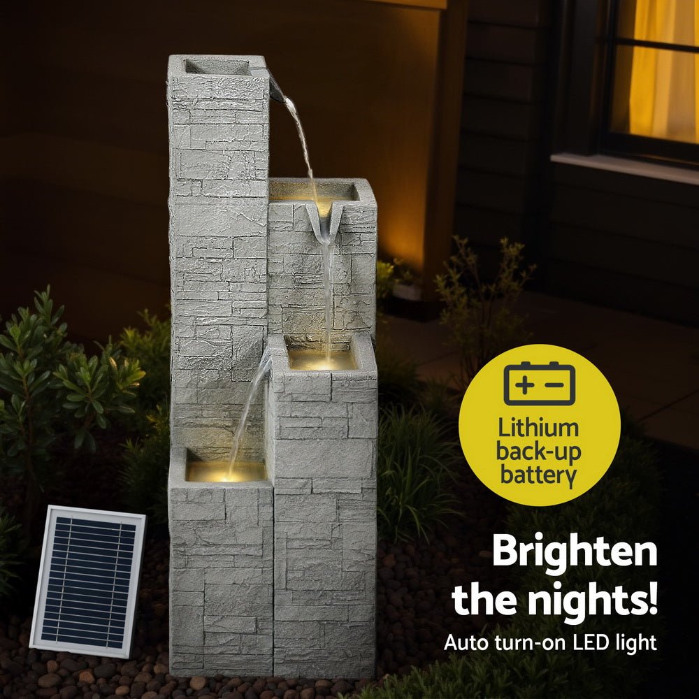 Solar Fountain Water Feature Outdoor Indoor 4 - Tier Square Cascading Beige - Home & Garden > Fountains > Fountain & Ponds Accessories - Rivercity House & Home Co. (ABN 18 642 972 209) - Affordable Modern Furniture Australia
