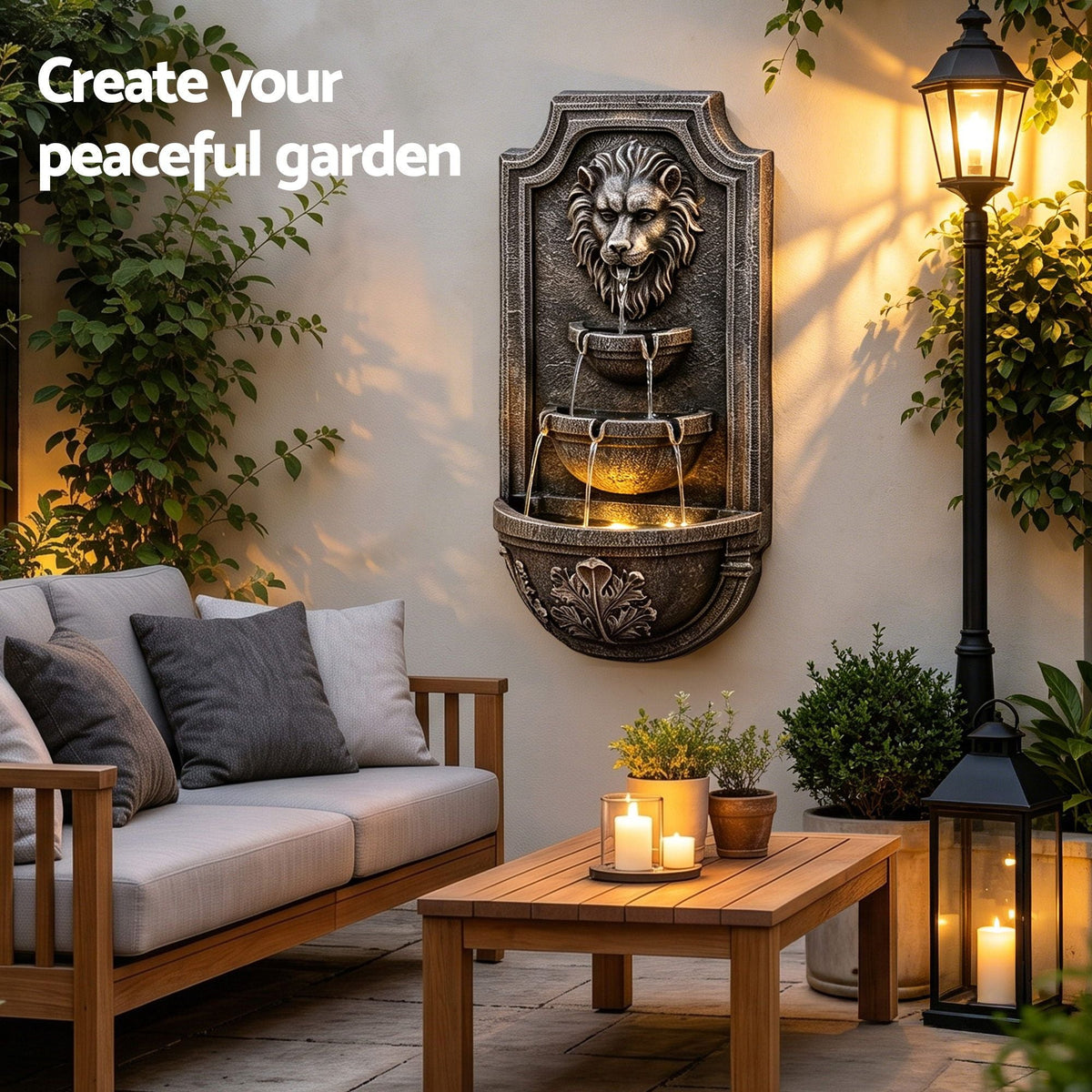 Solar Lion Head Wall Fountain with Three Tier Bowls 67cm - Brown - Home & Garden > Fountains > Fountains & Ponds - Rivercity House & Home Co. (ABN 18 642 972 209) - Affordable Modern Furniture Australia