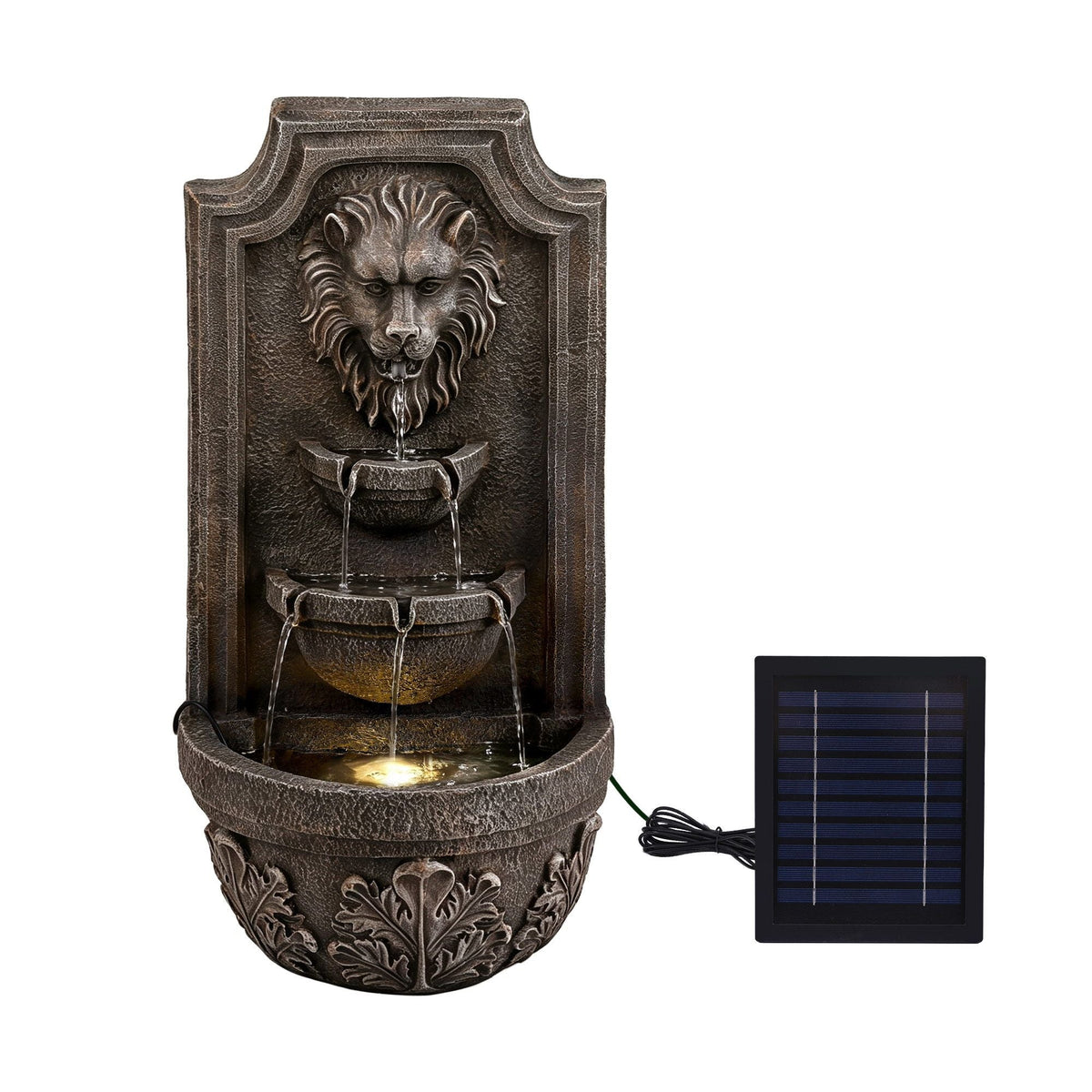 Solar Lion Head Wall Fountain with Three Tier Bowls 67cm - Brown - Home & Garden > Fountains > Fountains & Ponds - Rivercity House & Home Co. (ABN 18 642 972 209) - Affordable Modern Furniture Australia
