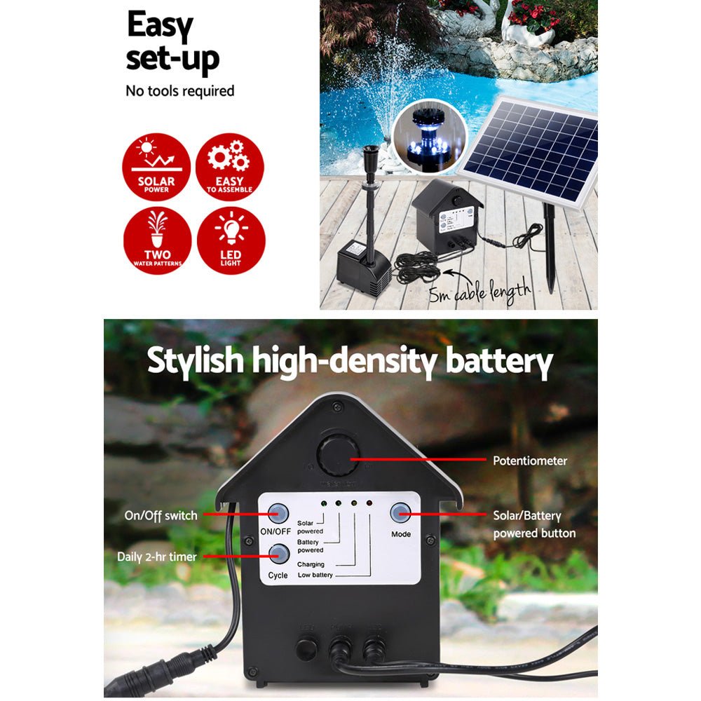 Solar Pond Pump Submersible Water Fountain with Battery Kit LED Lights 6.6FT - Home & Garden > Fountains > Fountain & Ponds Accessories - Rivercity House & Home Co. (ABN 18 642 972 209) - Affordable Modern Furniture Australia