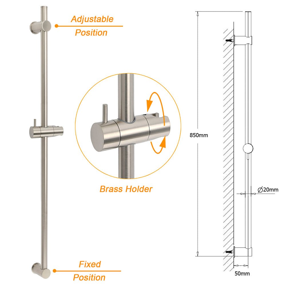 Solid Brass Brushed Nickel Long Sliding Rail Bar Swivel Handheld Shower Holder - Furniture > Bathroom > Shower Heads & Screens - Rivercity House & Home Co. (ABN 18 642 972 209) - Affordable Modern Furniture Australia