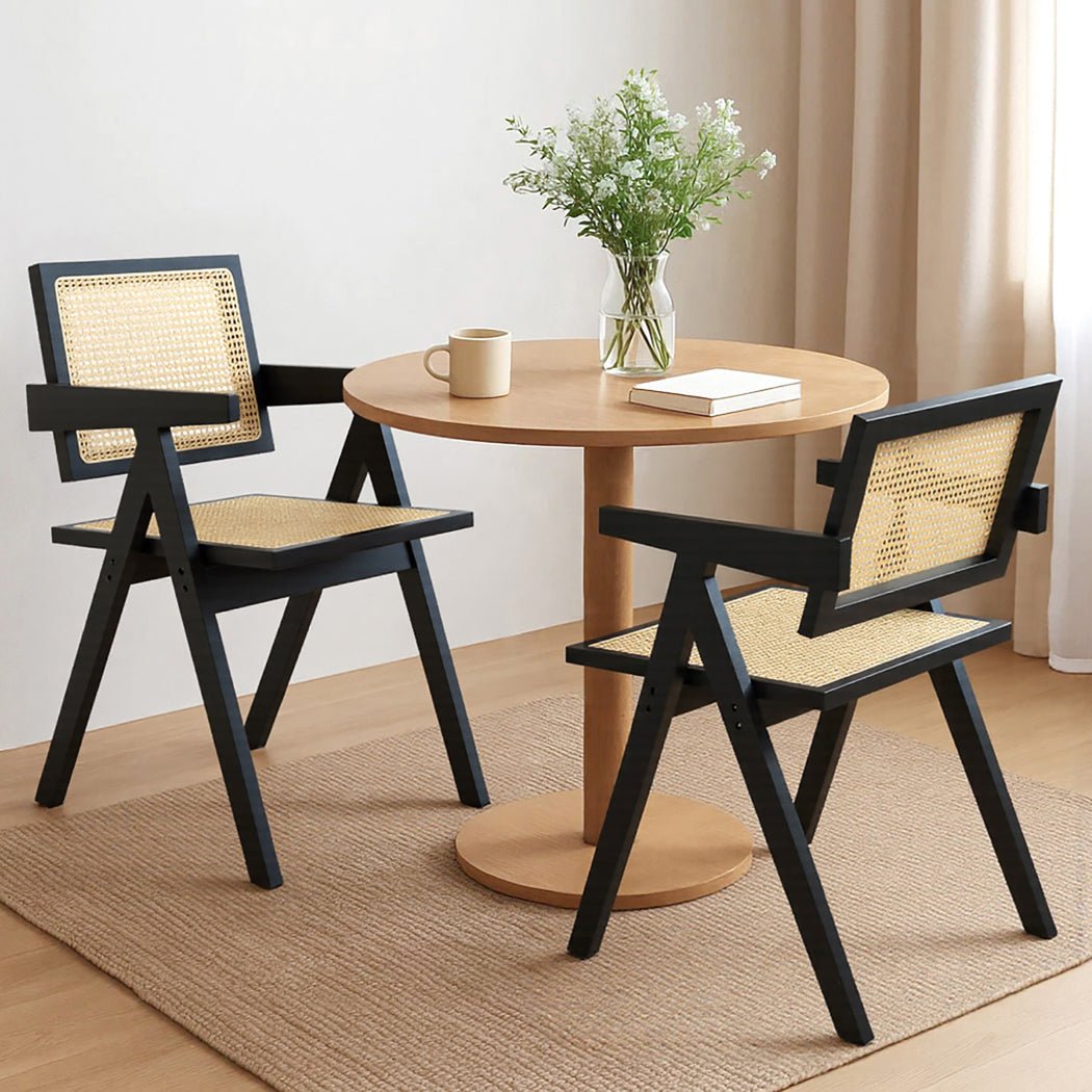 Solid Wood Rattan Armchair Dining Chairs 2 - Pack - Black - Rivercity House & Home Co. (ABN 18 642 972 209) - Affordable Modern Furniture Australia