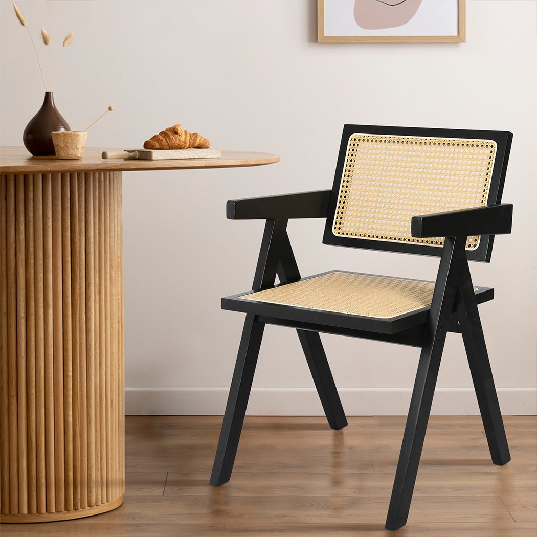 Solid Wood Rattan Armchair Dining Chairs 2 - Pack - Black - Rivercity House & Home Co. (ABN 18 642 972 209) - Affordable Modern Furniture Australia