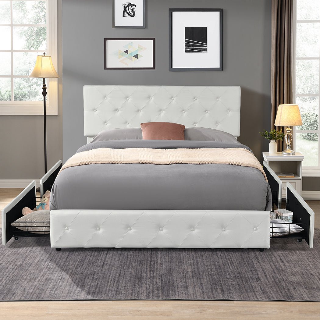 Sorrento Queen Bed Frame with Drawers & Tufted Headboard – Cream - Rivercity House & Home Co. (ABN 18 642 972 209) - Affordable Modern Furniture Australia