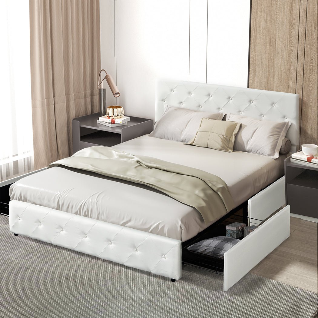 Sorrento Queen Bed Frame with Drawers & Tufted Headboard – Cream - Rivercity House & Home Co. (ABN 18 642 972 209) - Affordable Modern Furniture Australia