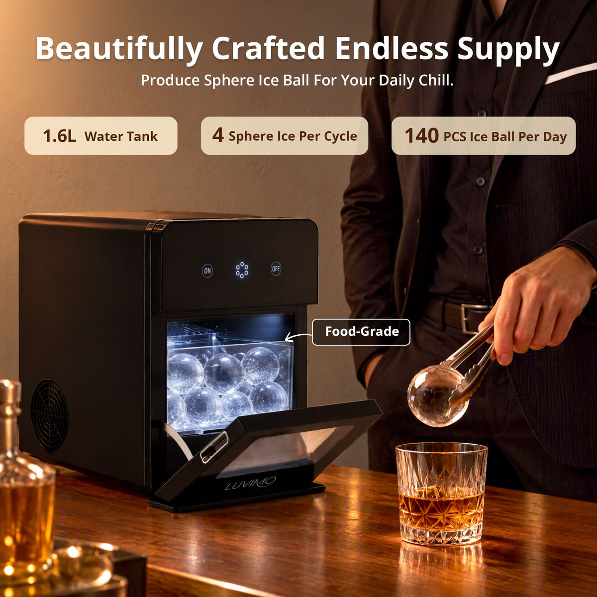 Sphere Ice Maker Machine 50mm Ice Balls 140pcs/Day for Whiskey and Wine - Appliances > Kitchen Appliances > Ice Makers - Rivercity House & Home Co. (ABN 18 642 972 209) - Affordable Modern Furniture Australia