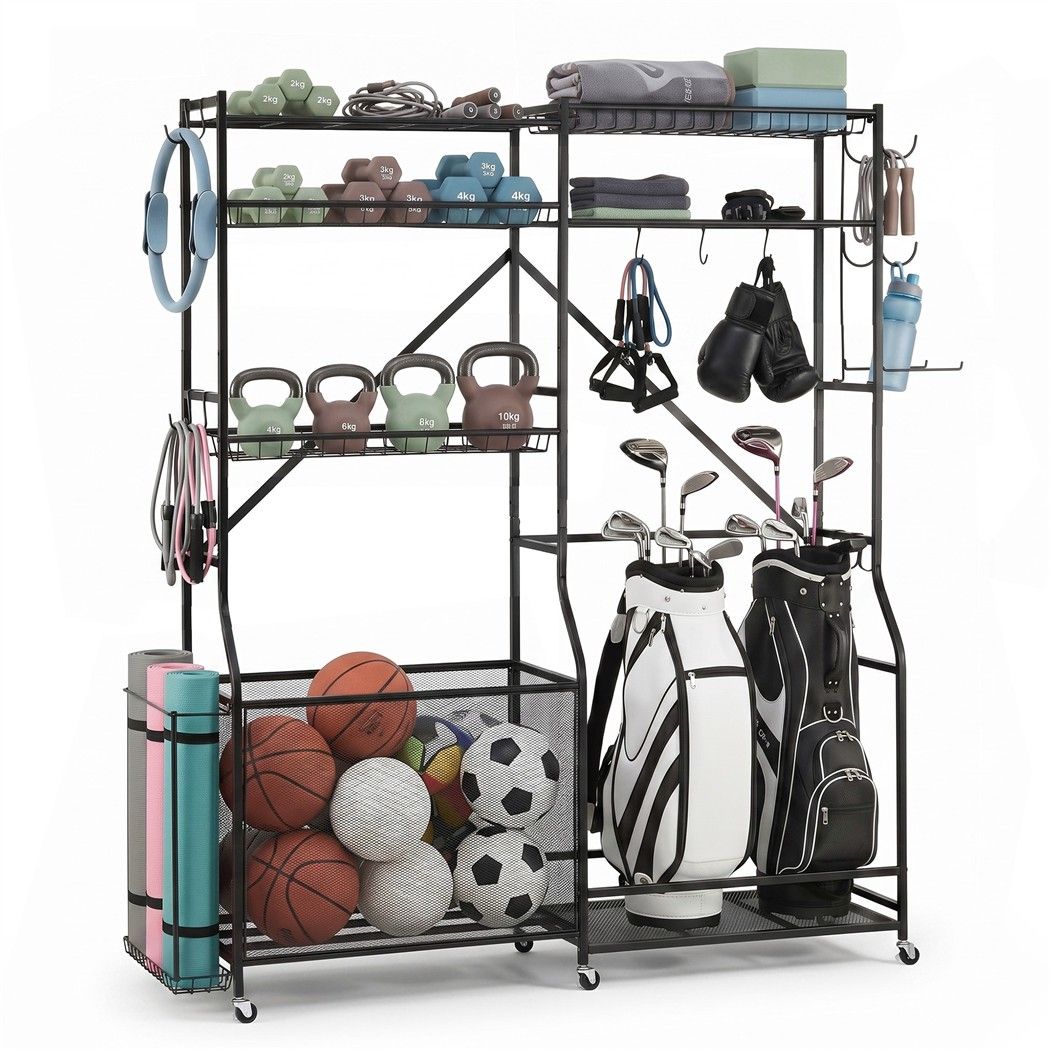 Sports Equipment Organizer Rack 174cm Multi Garage Storage for Golf Bag - Black - Sports & Fitness > Exercise, Gym & Fitness > Gym Equipment & Accessories - Rivercity House & Home Co. (ABN 18 642 972 209) - Affordable Modern Furniture Australia