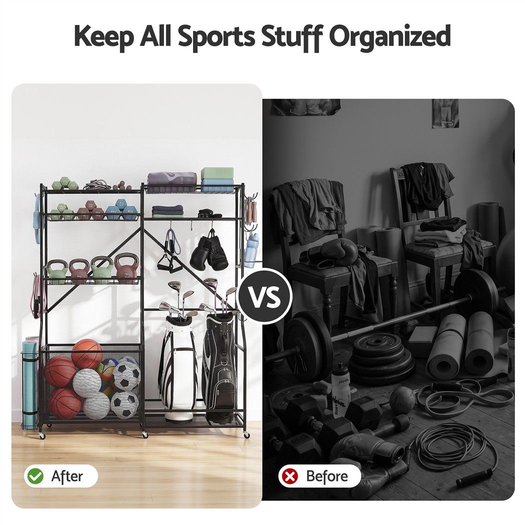 Sports Equipment Organizer Rack 174cm Multi Garage Storage for Golf Bag - Black - Sports & Fitness > Exercise, Gym & Fitness > Gym Equipment & Accessories - Rivercity House & Home Co. (ABN 18 642 972 209) - Affordable Modern Furniture Australia