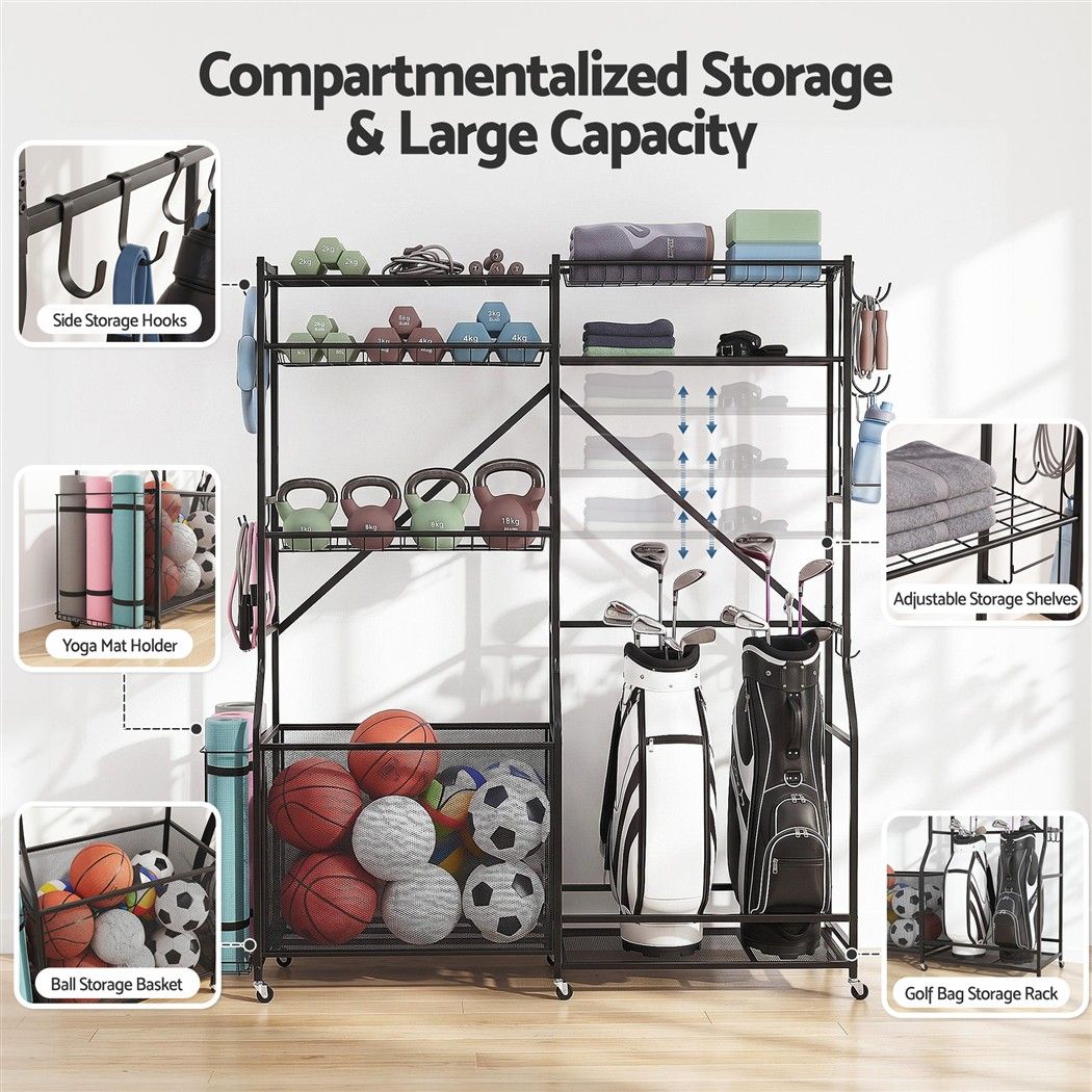 Sports Equipment Organizer Rack 174cm Multi Garage Storage for Golf Bag - Black - Sports & Fitness > Exercise, Gym & Fitness > Gym Equipment & Accessories - Rivercity House & Home Co. (ABN 18 642 972 209) - Affordable Modern Furniture Australia