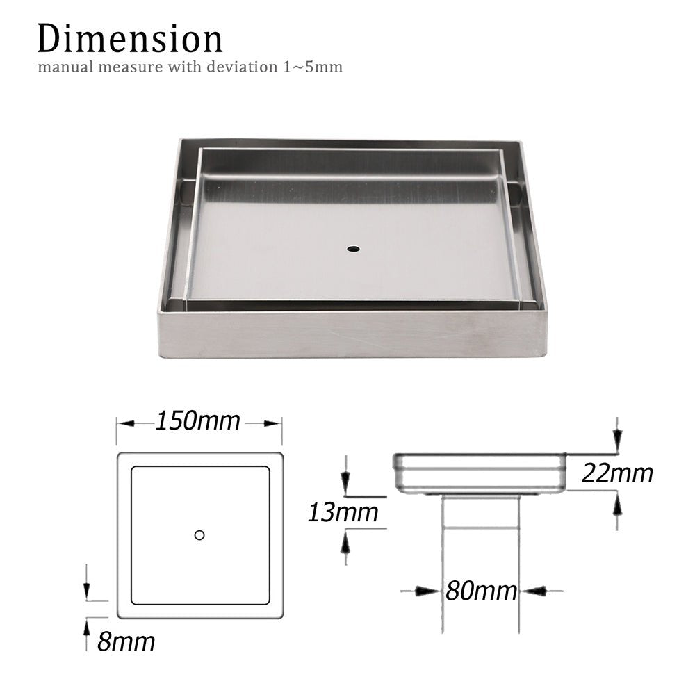 Square 150x150mm Tile Insert Floor Drain 80mm Waste Stainless Steel Shower Grate - Furniture > Bathroom > Shower Heads & Screens - Rivercity House & Home Co. (ABN 18 642 972 209) - Affordable Modern Furniture Australia