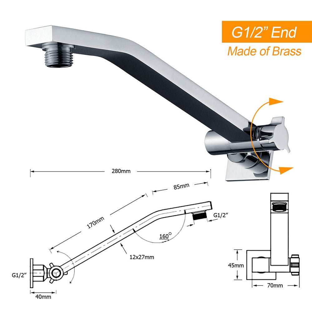 Square Chrome Brass Up & Down Adjustable Wall Mounted Shower Arm For Shower Head - Furniture > Bathroom > Shower Heads & Screens - Rivercity House & Home Co. (ABN 18 642 972 209) - Affordable Modern Furniture Australia