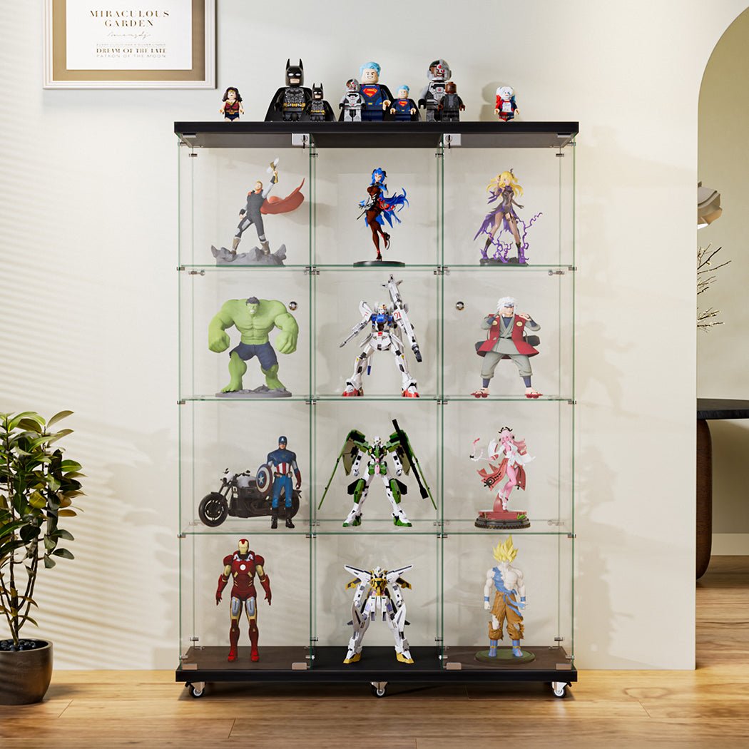Stacked 169cm Tall 4 - Tier Glass Display Cabinet with Wheels and Lock - Black - Rivercity House & Home Co. (ABN 18 642 972 209) - Affordable Modern Furniture Australia