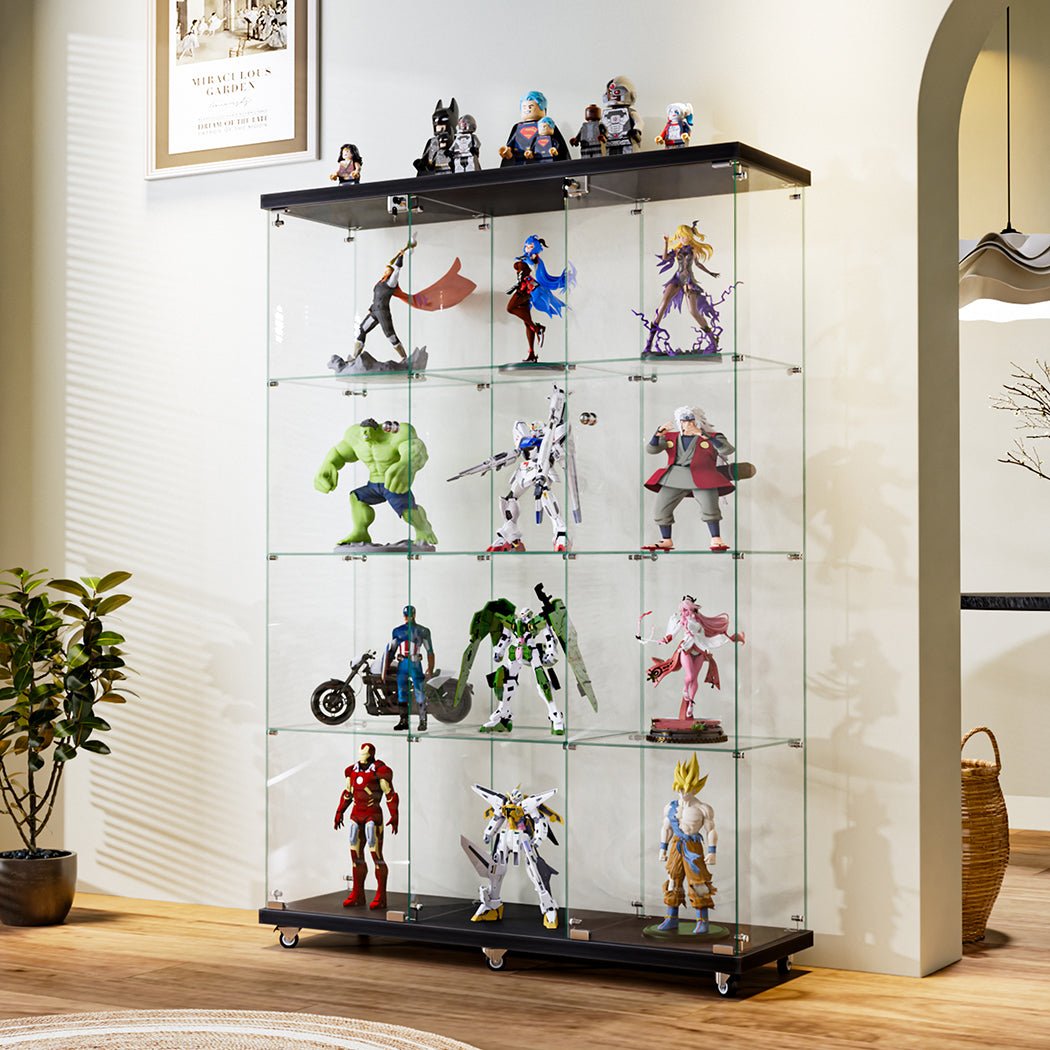 Stacked 169cm Tall 4 - Tier Glass Display Cabinet with Wheels and Lock - Black - Rivercity House & Home Co. (ABN 18 642 972 209) - Affordable Modern Furniture Australia