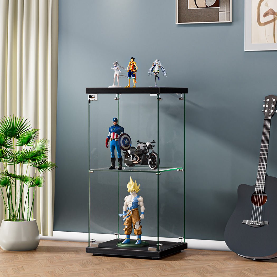 Stacked 2 - Tier Tempered Glass Display Cabinet with Lock - Black - Rivercity House & Home Co. (ABN 18 642 972 209) - Affordable Modern Furniture Australia
