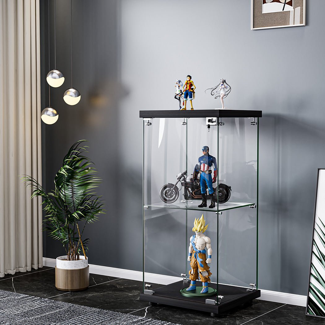 Stacked 2 - Tier Tempered Glass Display Cabinet with Lock - Black - Rivercity House & Home Co. (ABN 18 642 972 209) - Affordable Modern Furniture Australia